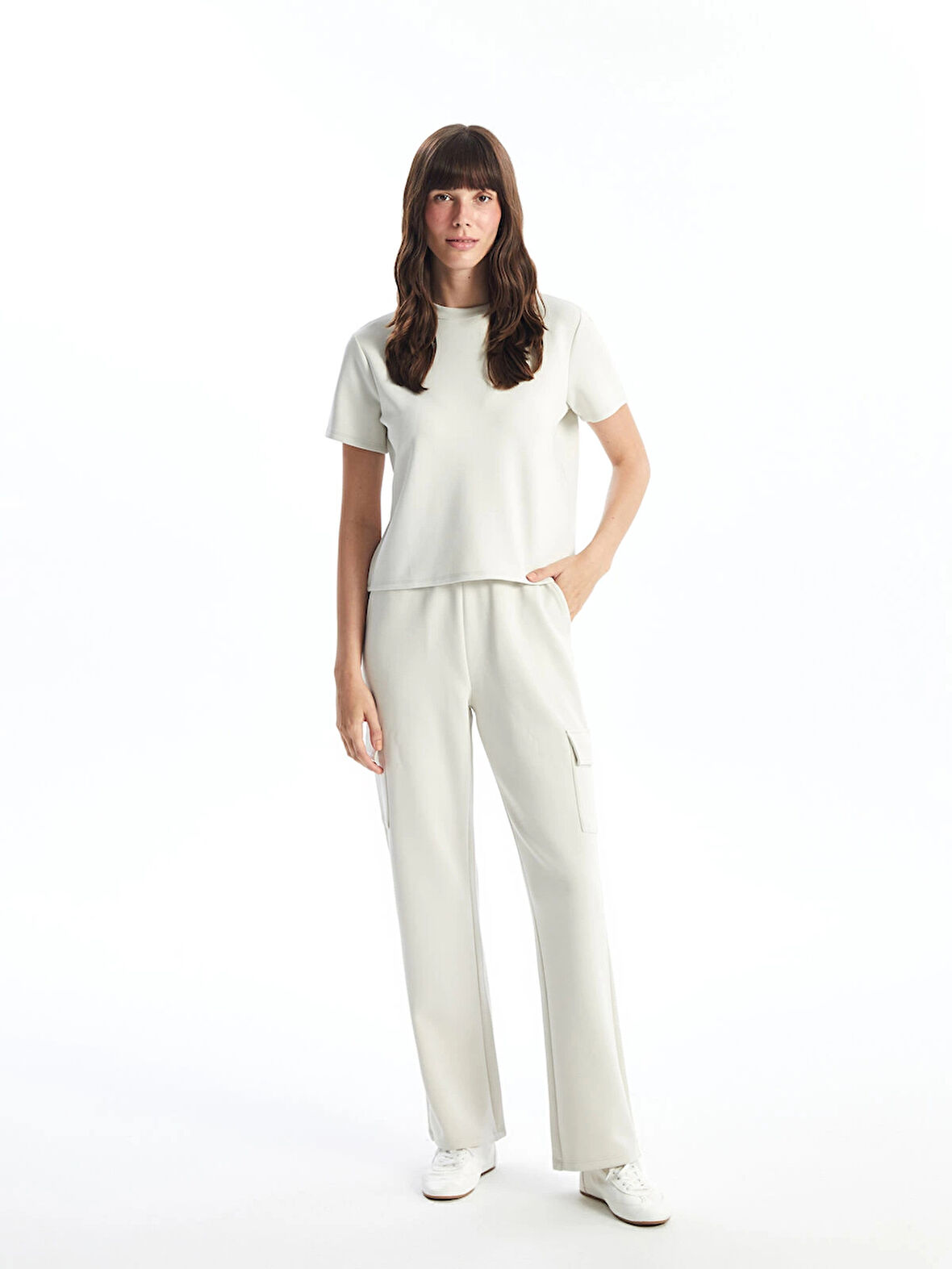 LCW Vision Bej Beli Lastikli Düz İnterlok Kadın Kargo Eşofman Altı