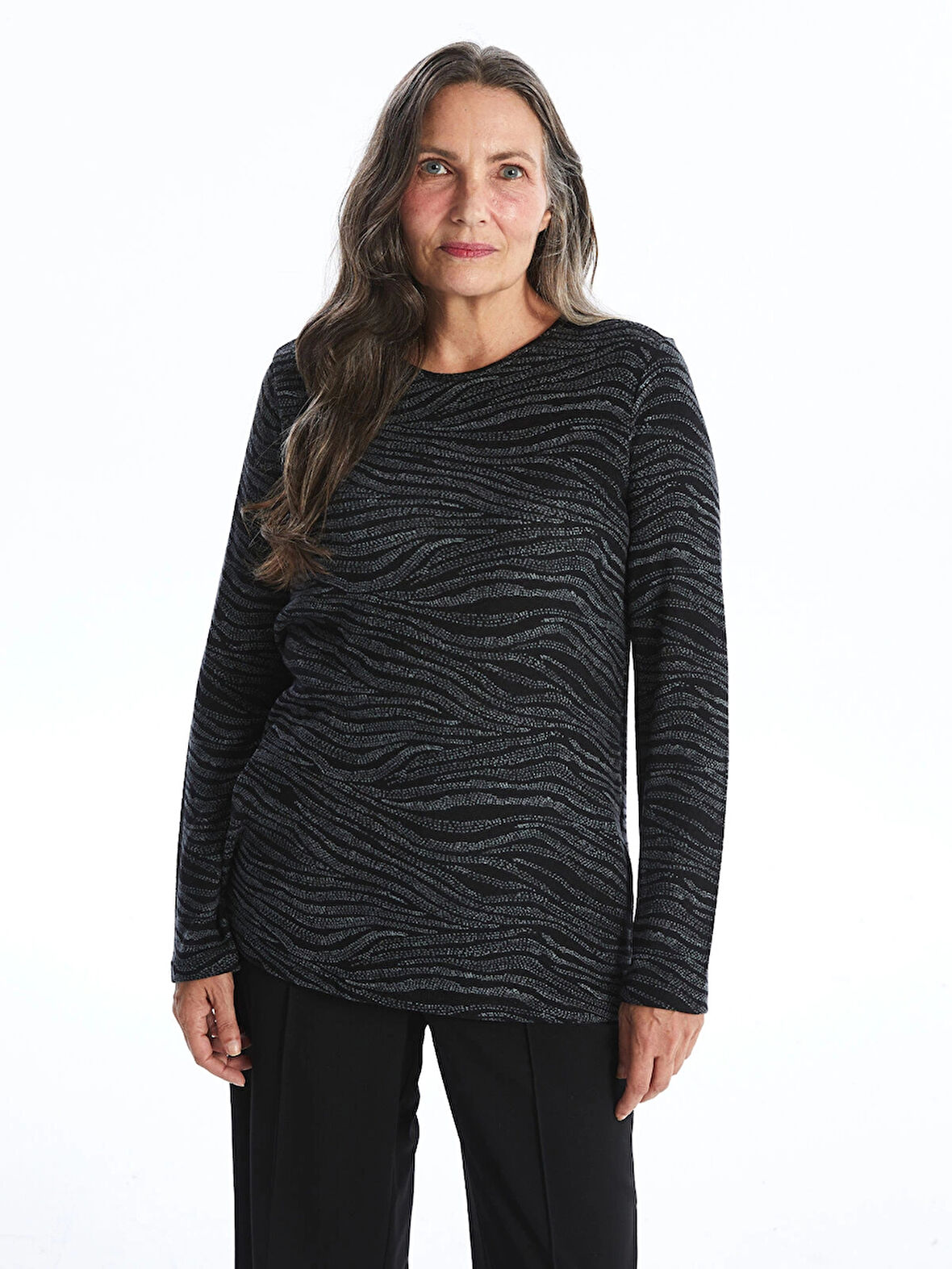 LC WAIKIKI SİYAH Bisiklet Yaka Desenli Uzun Kollu Kadın Bluz