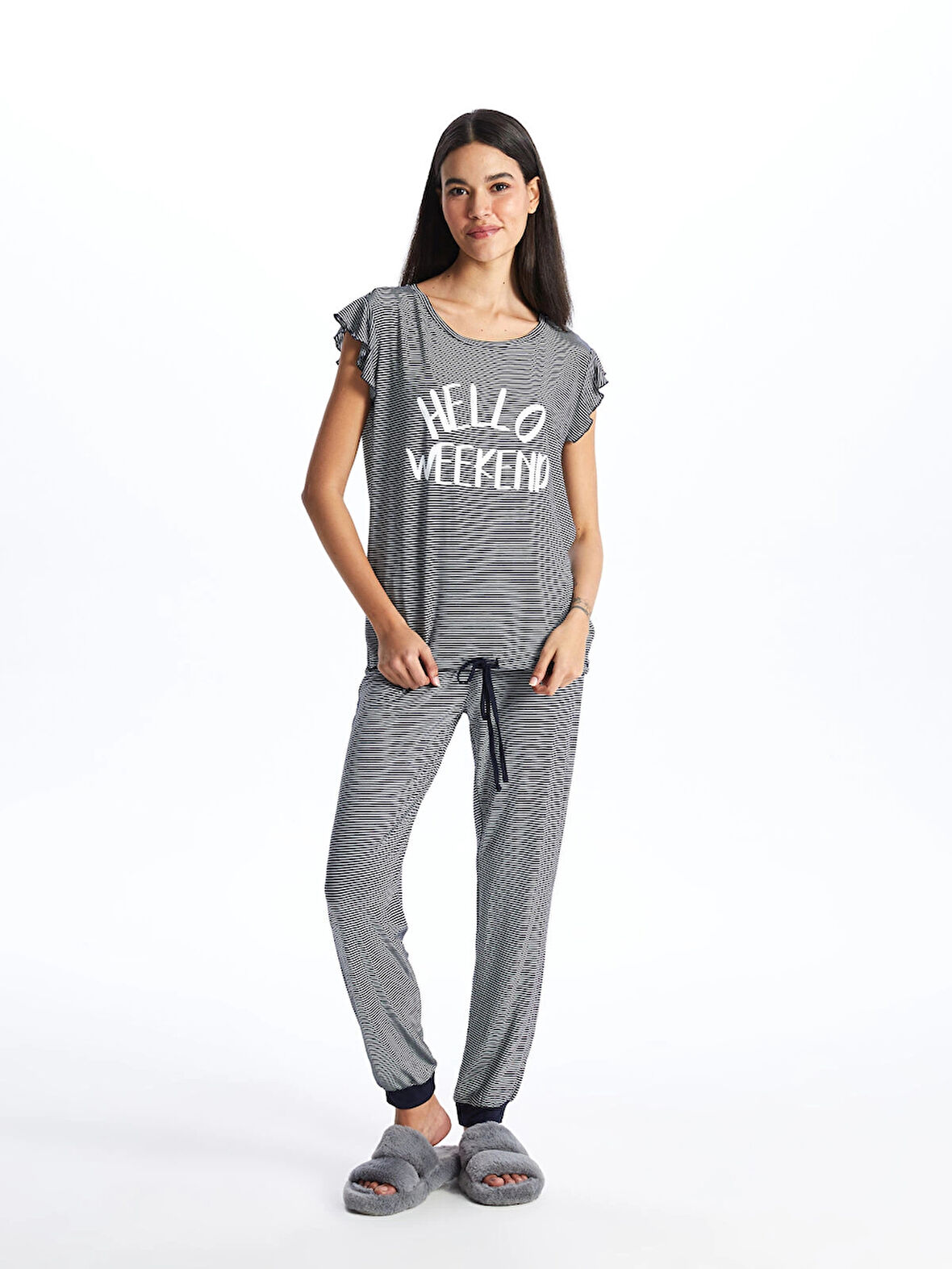 LCW DREAM LACİVERT Bisiklet Yaka Çizgili Kısa Kollu Kadın Pijama Takımı