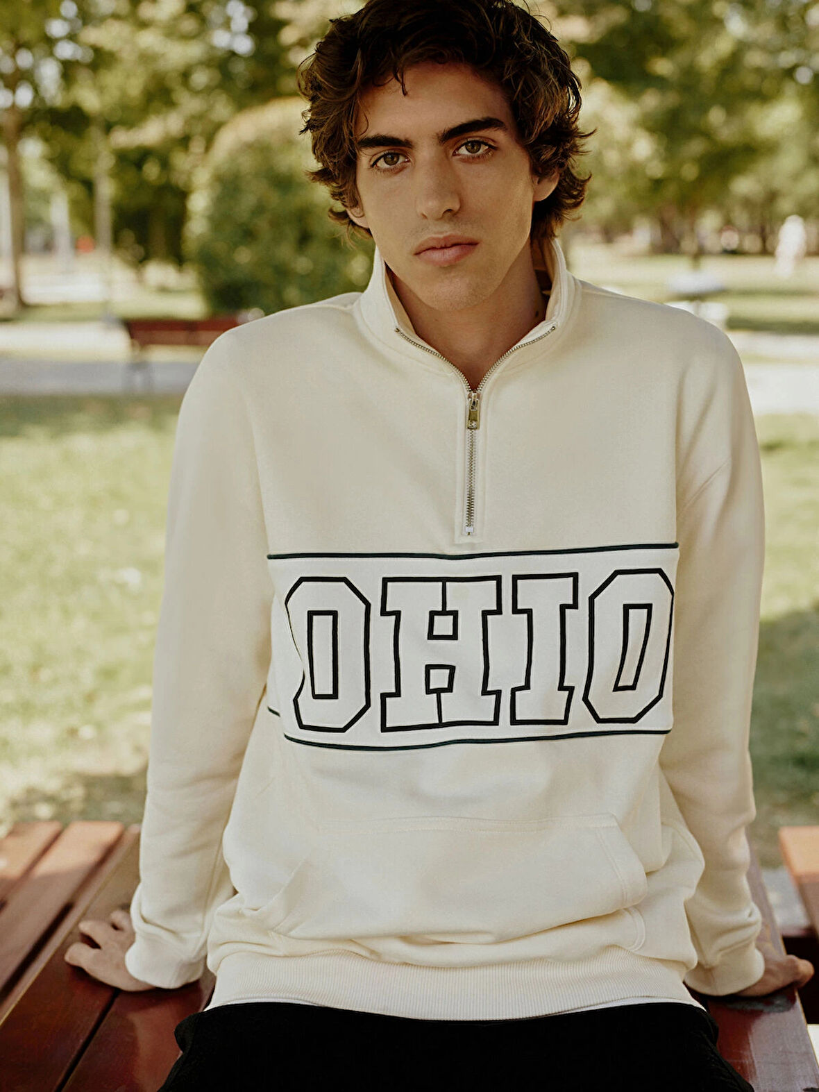 LCW Casual BEJ Dik Yaka Uzun Kollu Baskılı Erkek Kalın Sweatshirt