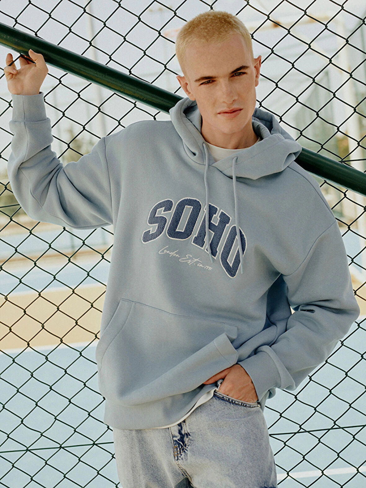 XSIDE Mavi Uzun Kollu Nakışlı Erkek Kalın Hoodie