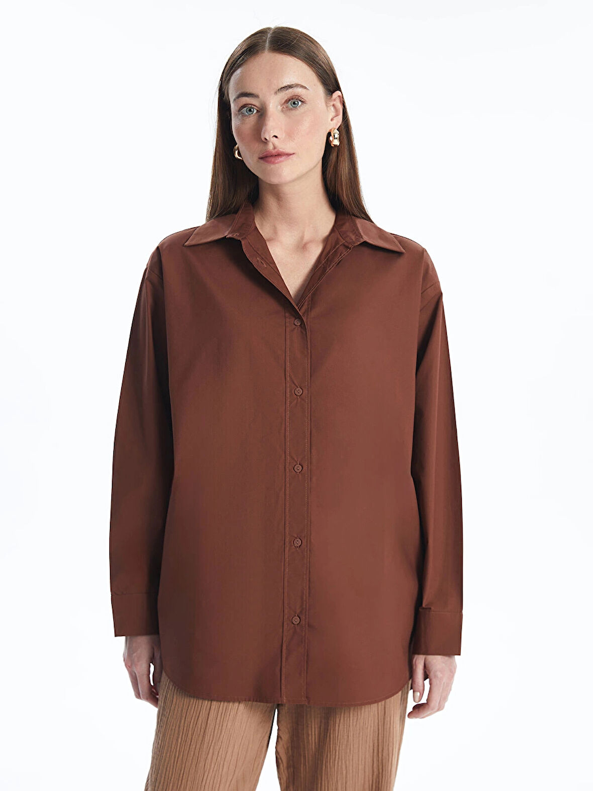 LCWAIKIKI Classic Kahverengi Düz Oversize Kadın Gömlek Tunik
