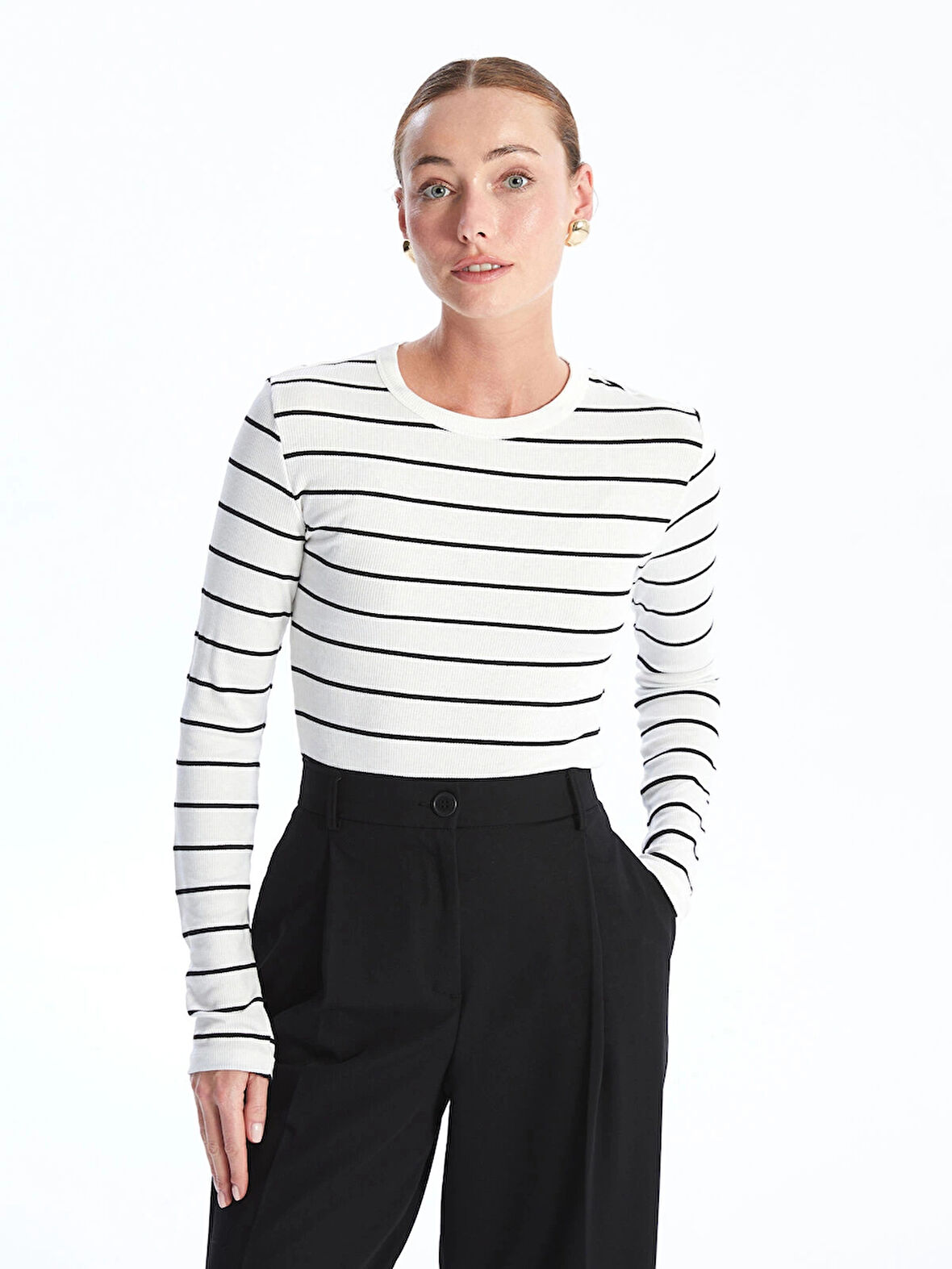 LCWAIKIKI Basic EKRU Bisiklet Yaka Çizgili Uzun Kollu Kadın Body