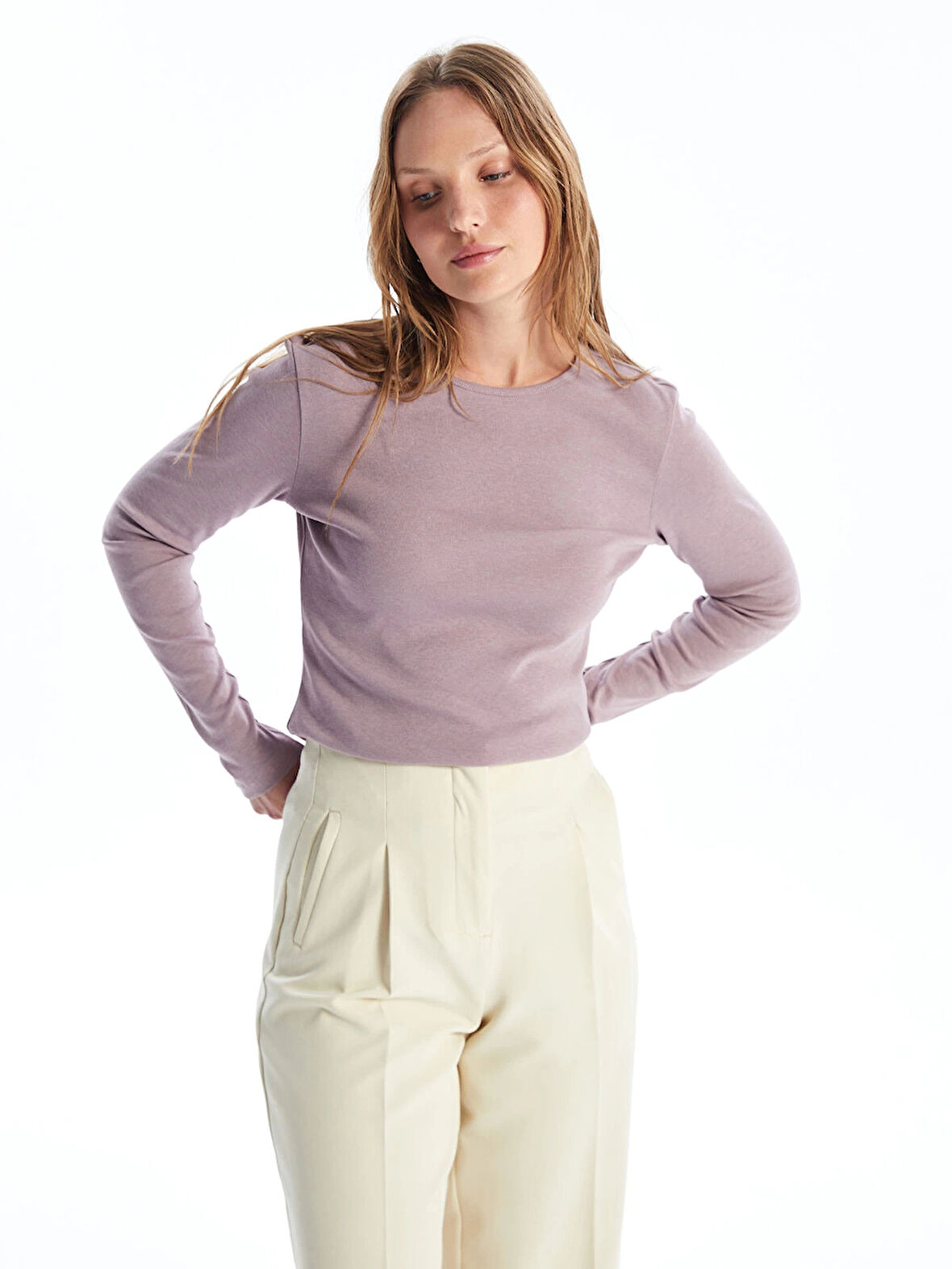 LCWAIKIKI Basic Lila Bisiklet Yaka Düz Uzun Kollu Kadın Body