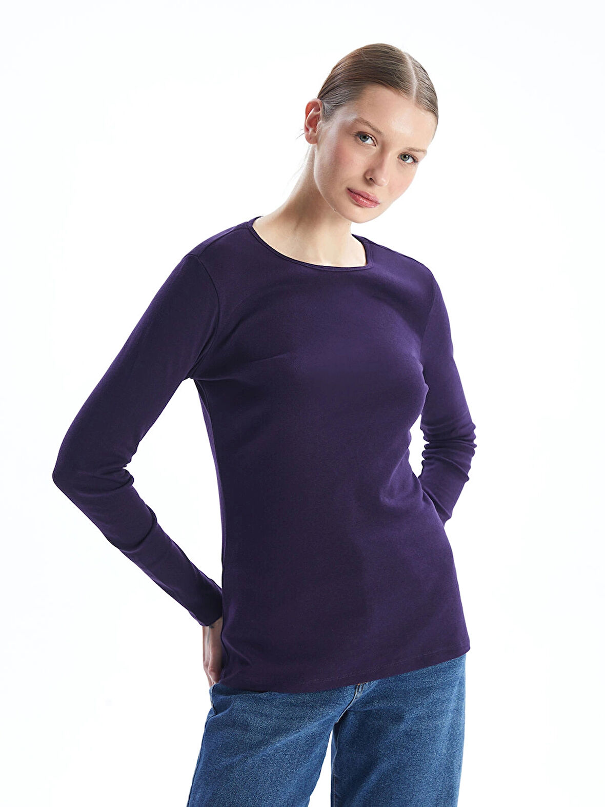 LCWAIKIKI Basic Mor Bisiklet Yaka Düz Uzun Kollu Kadın Body