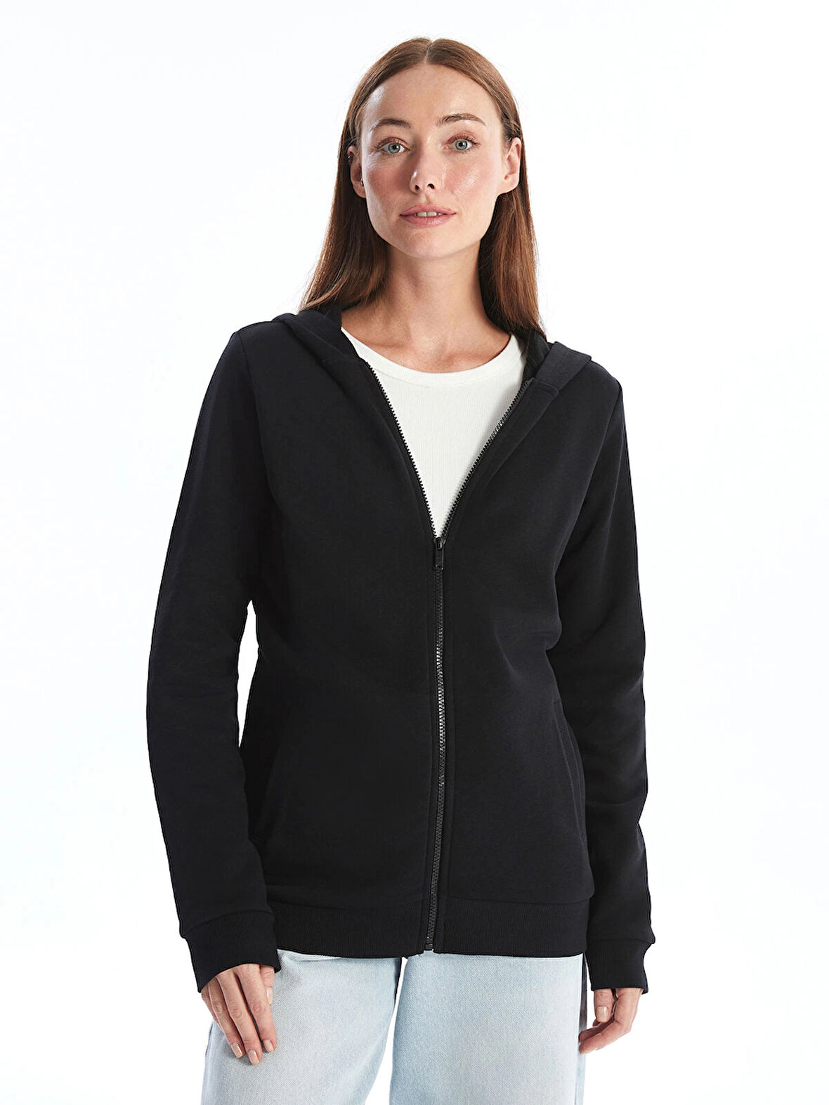 LCWAIKIKI Basic Siyah Kapüşonlu Kadın Kalın Fermuarlı Sweatshirt