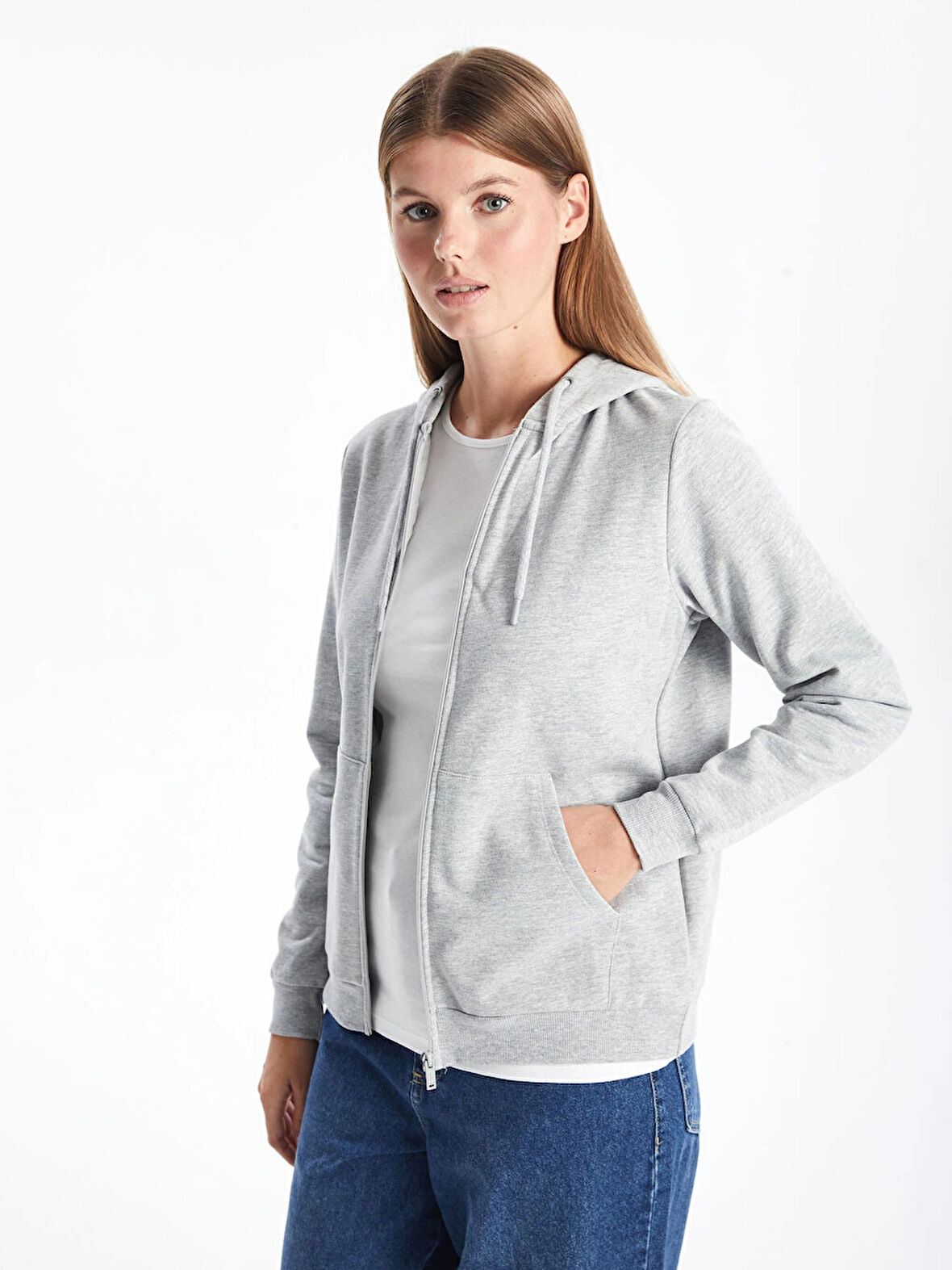 LCWAIKIKI Basic Gri Kapüşonlu Düz Uzun Kollu Kadın Fermuarlı Sweatshirt