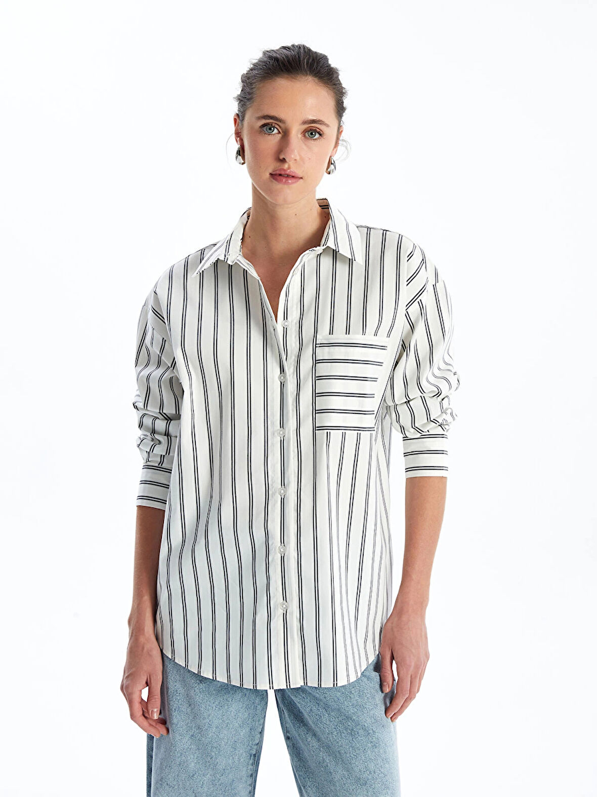 LCW Vision EKRU Çizgili Uzun Kollu Oversize Kadın Gömlek