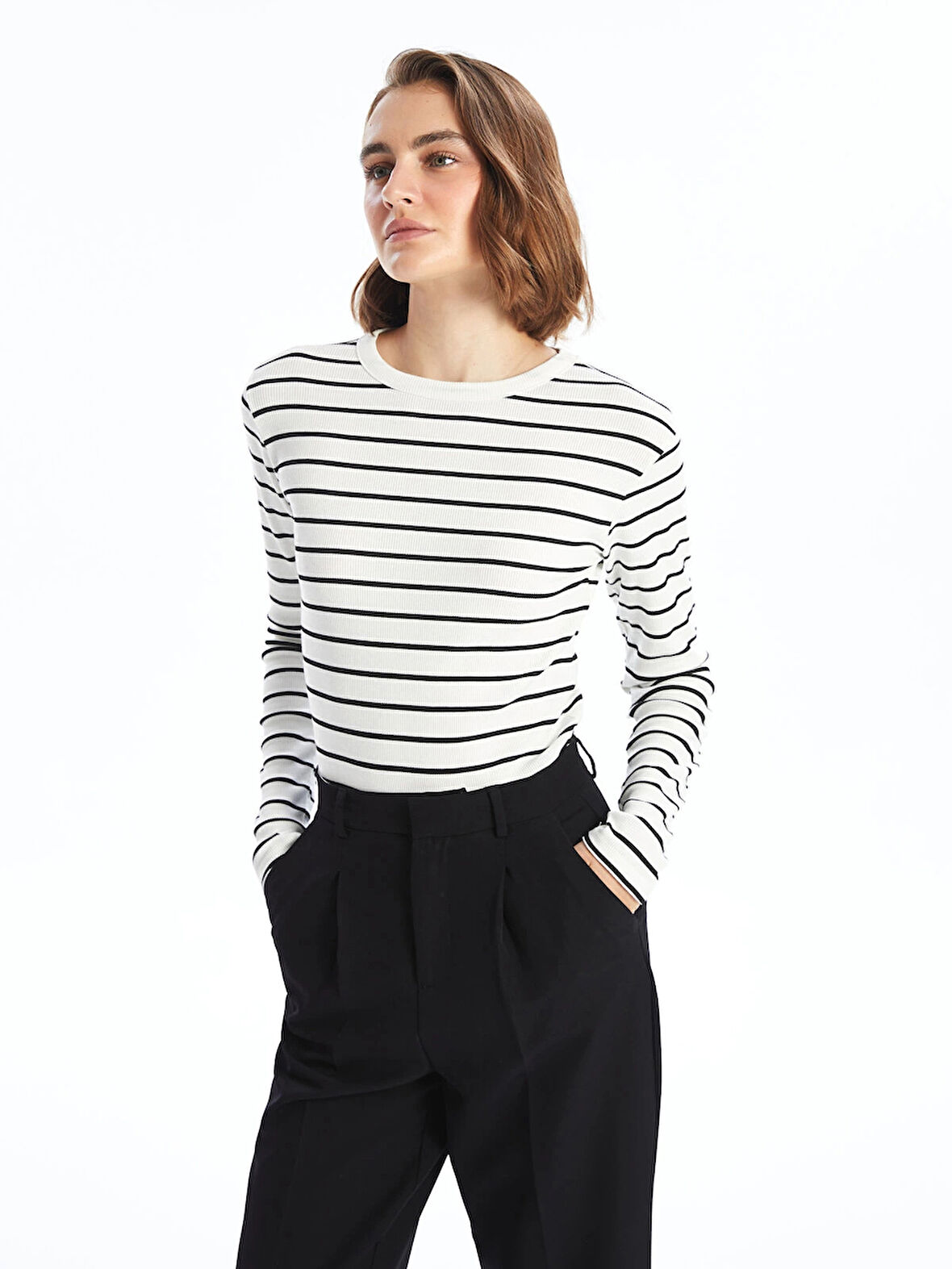 LCWAIKIKI Basic Ekru Bisiklet Yaka Çizgili Kadın Body