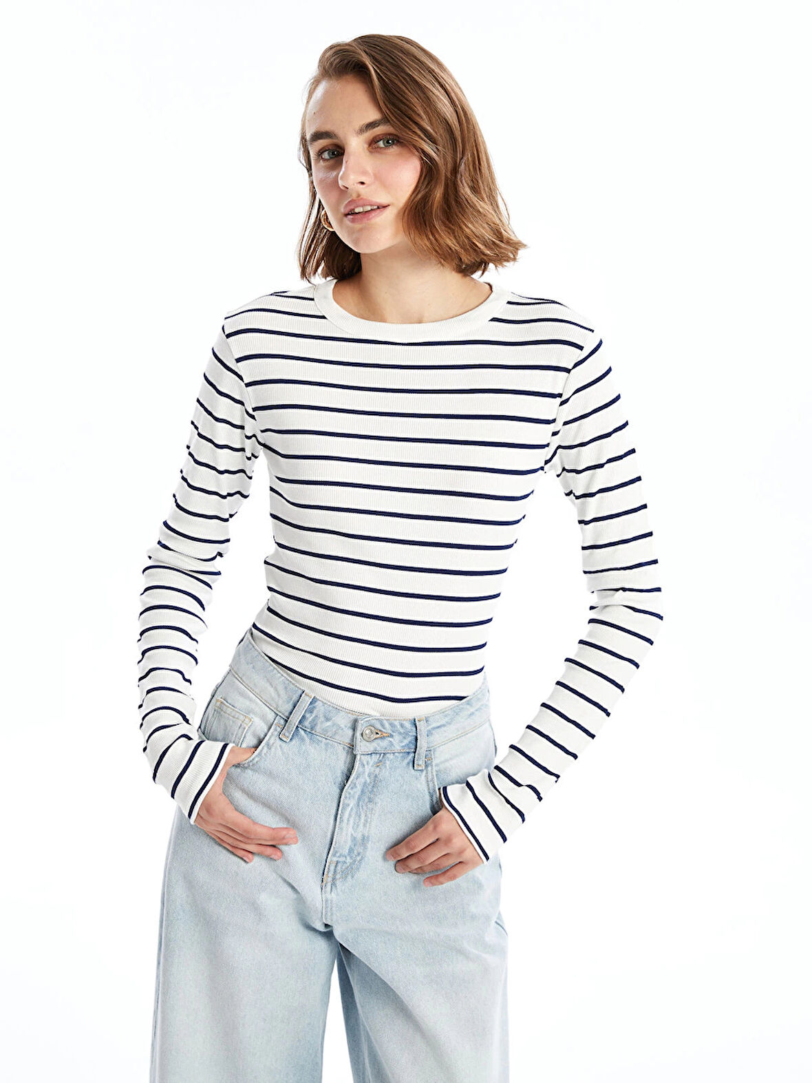 LCWAIKIKI Basic Lacivert Bisiklet Yaka Çizgili Kadın Body