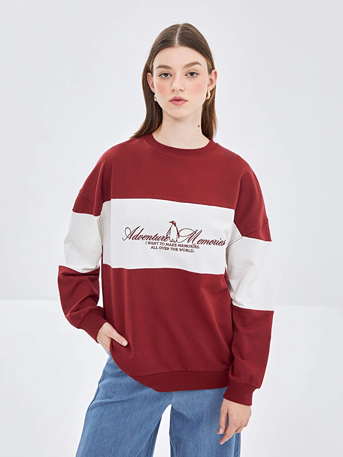 LCW Modest Bordo Bisiklet Yaka Nakışlı Kadın Sweatshirt Tunik