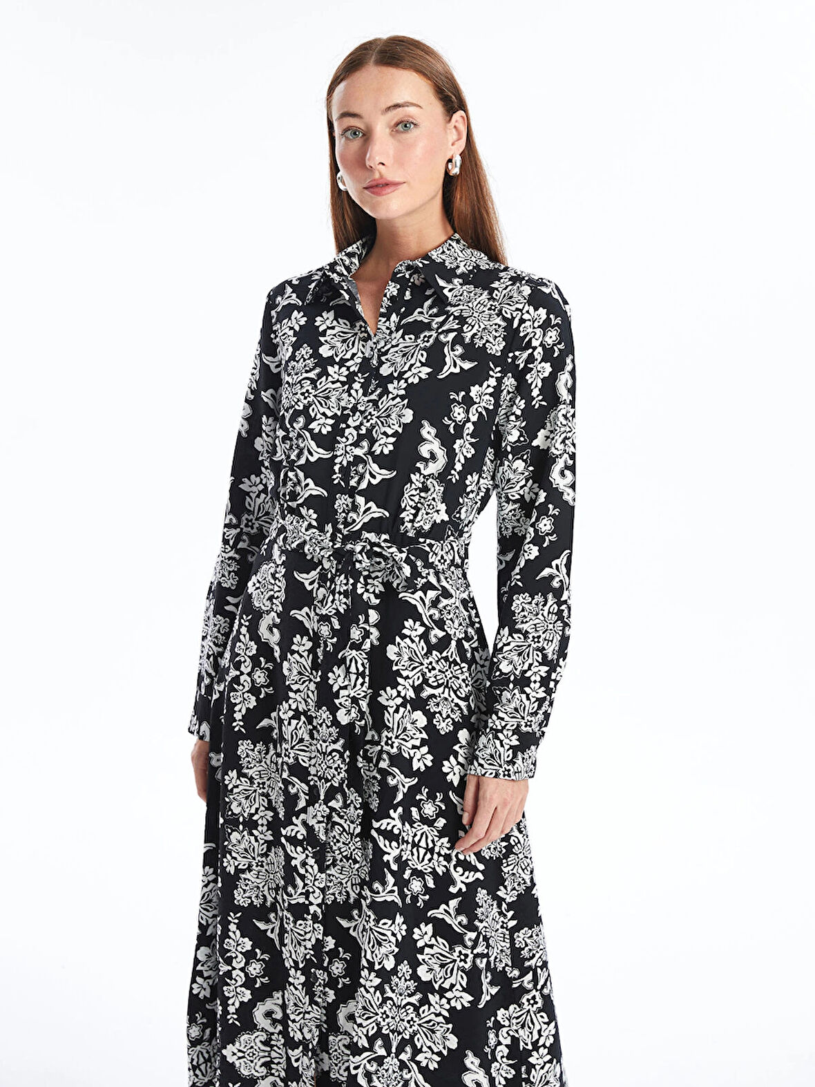 LCWAIKIKI Classic SİYAH Çiçekli Uzun Kollu Kadın Gömlek Elbise
