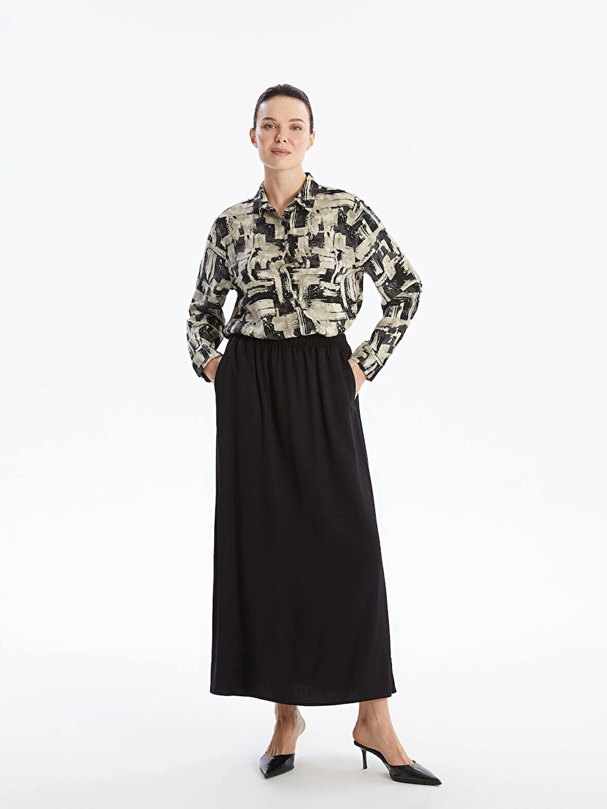 LCW Grace SİYAH Kadın Beli Lastikli Düz Etek