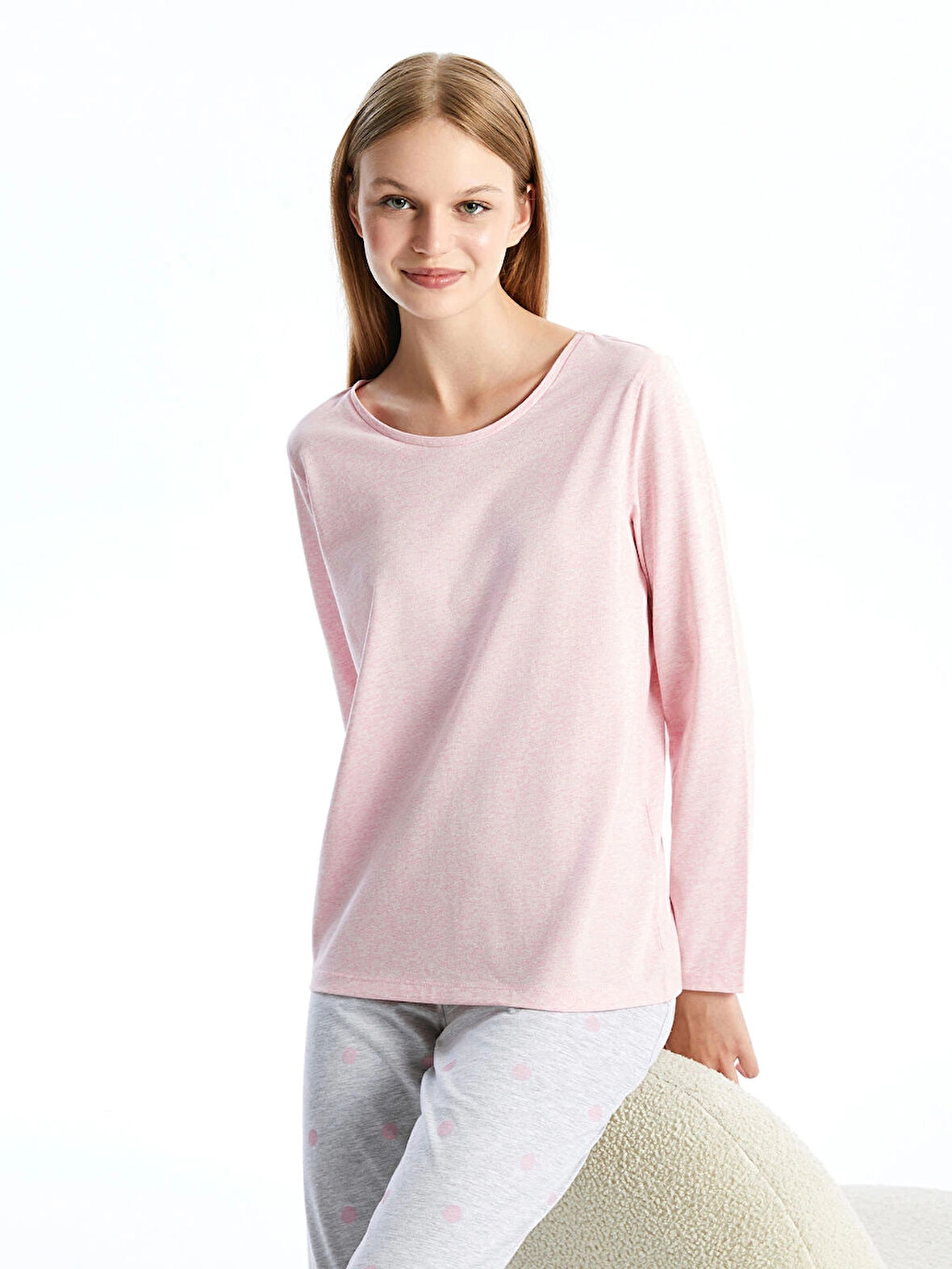 LCW DREAM Gri Bisiklet Yaka Düz Uzun Kollu Kadın Pijama Takımı