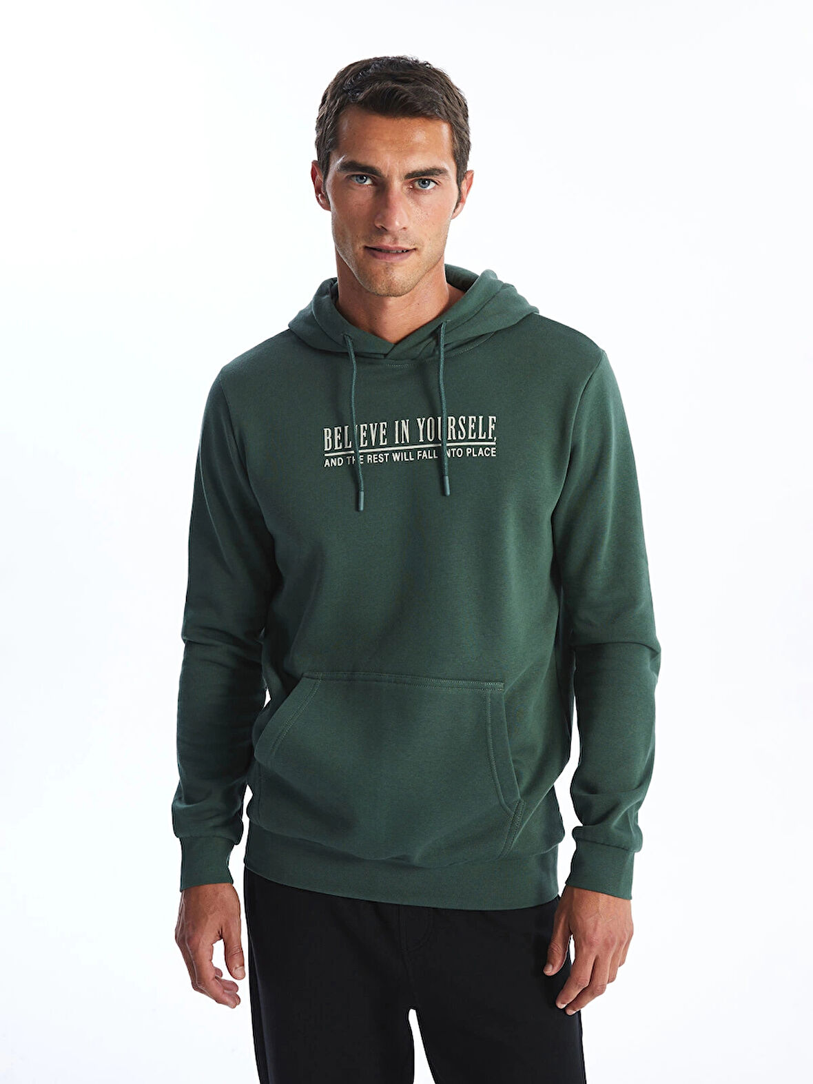 LCWAIKIKI Classic YEŞİL Uzun Kollu Baskılı Erkek Kalın Hoodie