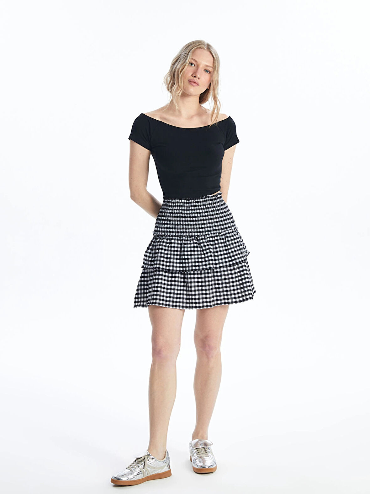 XSIDE SİYAH Beli Lastikli Ekose Kadın Etek