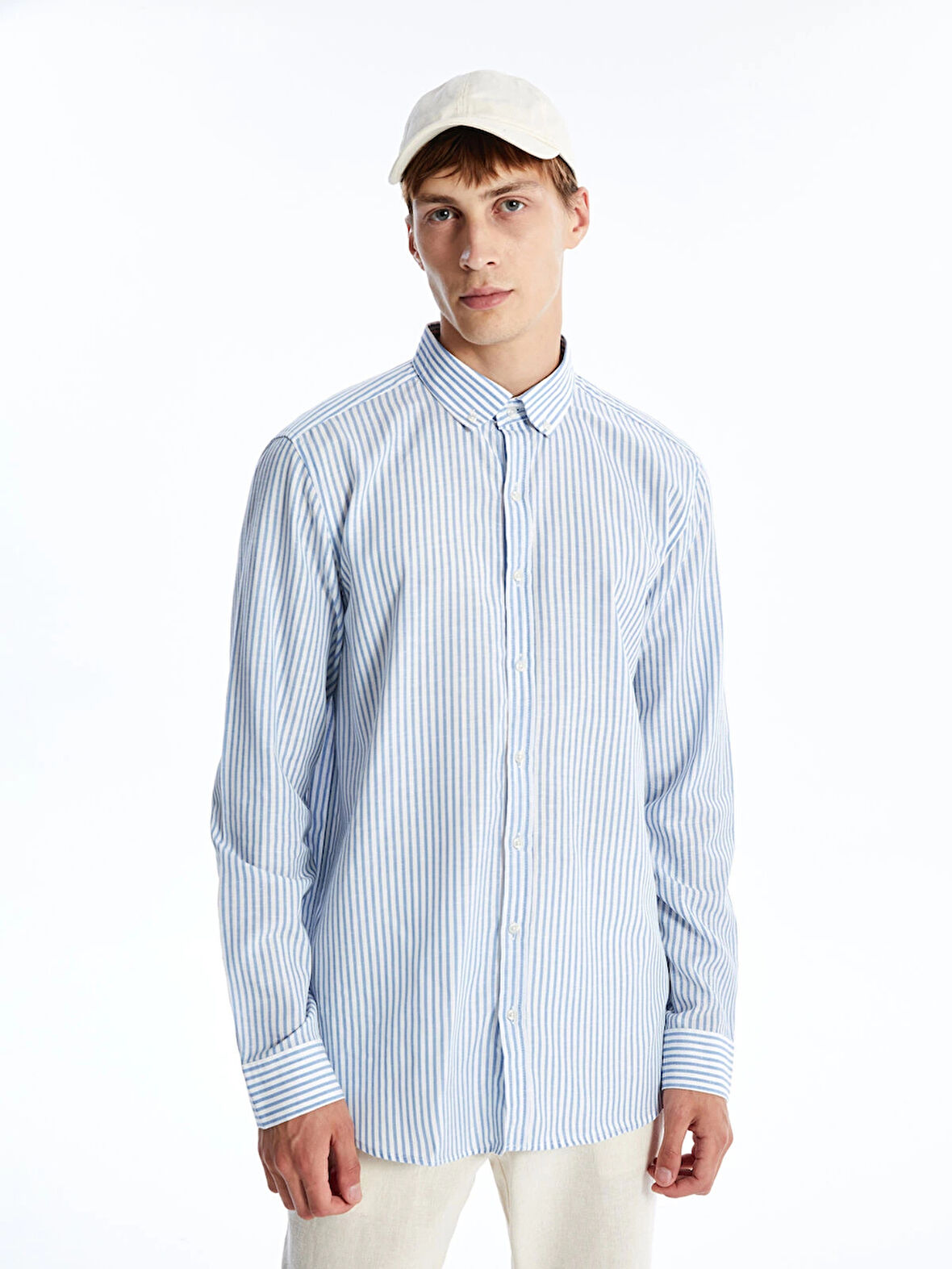 SOUTHBLUE Mavi Slim Fit Uzun Kollu Çizgili Poplin Erkek Gömlek