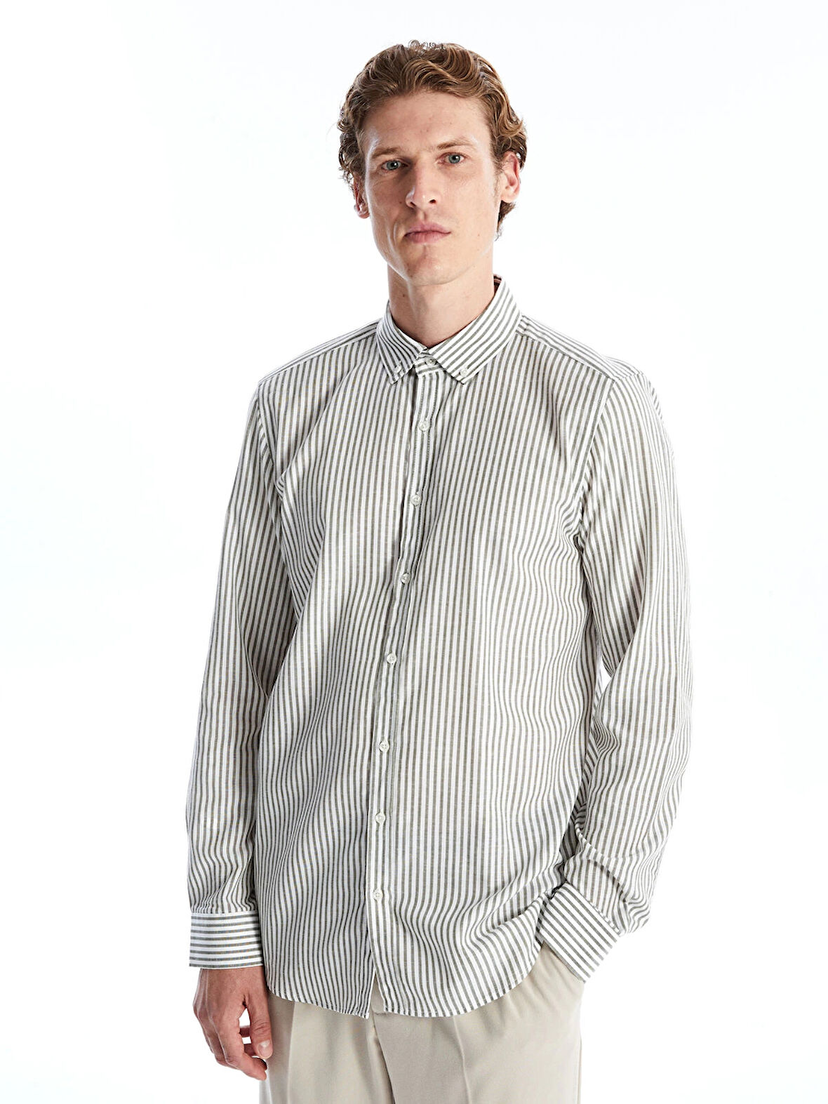 SOUTHBLUE Haki Slim Fit Uzun Kollu Çizgili Poplin Erkek Gömlek