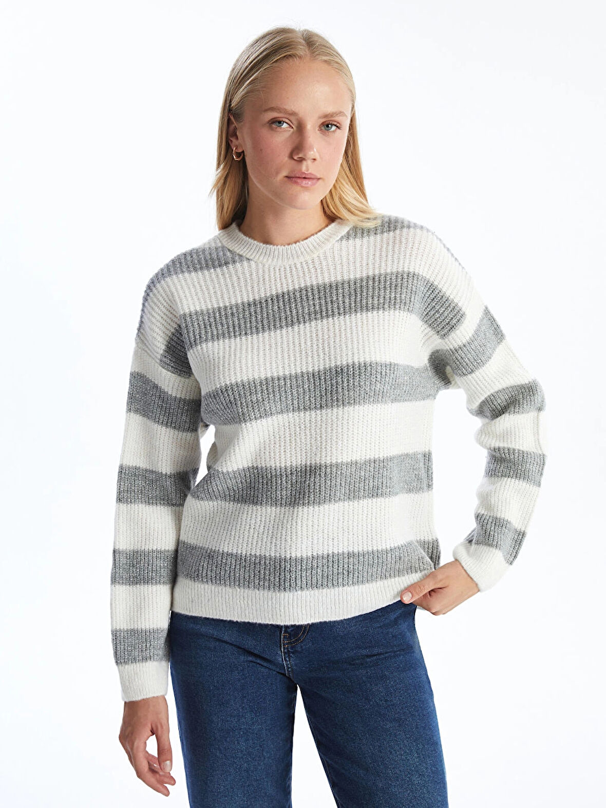 LCW Comfort Gri Bisiklet Yaka Renk Bloklu Kadın Triko Kazak