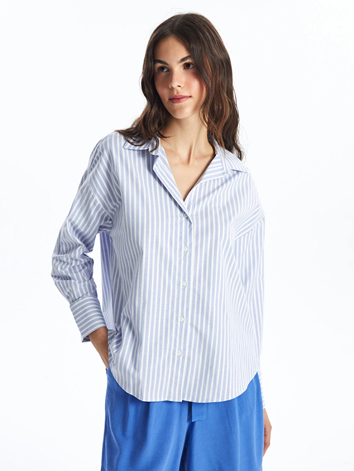 LCW Vision Mavi Çizgili Oversize Kadın Gömlek