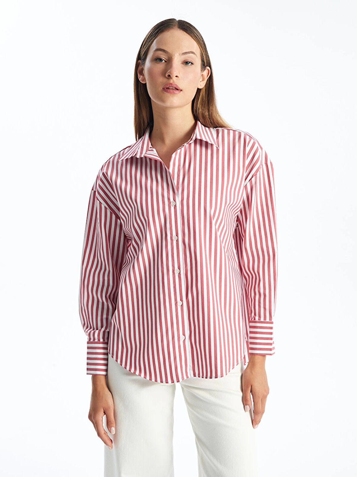 LCW Vision Kirmizi Çizgili Oversize Kadın Gömlek