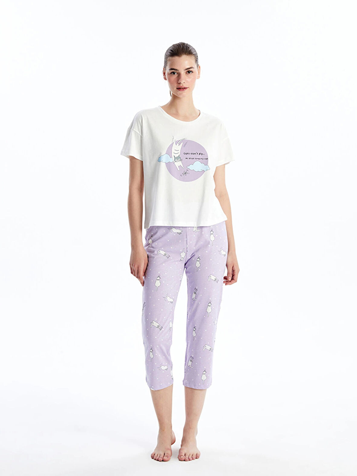 LCW Young LİLA Bisiklet Yaka Baskılı Kısa Kollu Kadın Kaprili Pijama Takımı