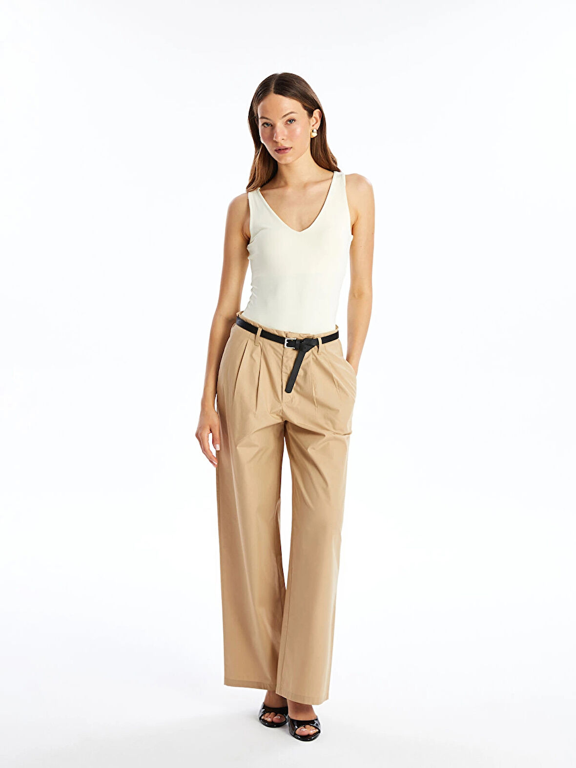 LCW Vision Kahverengi Beli Kemerli Rahat Kalıp Kadın Pantolon