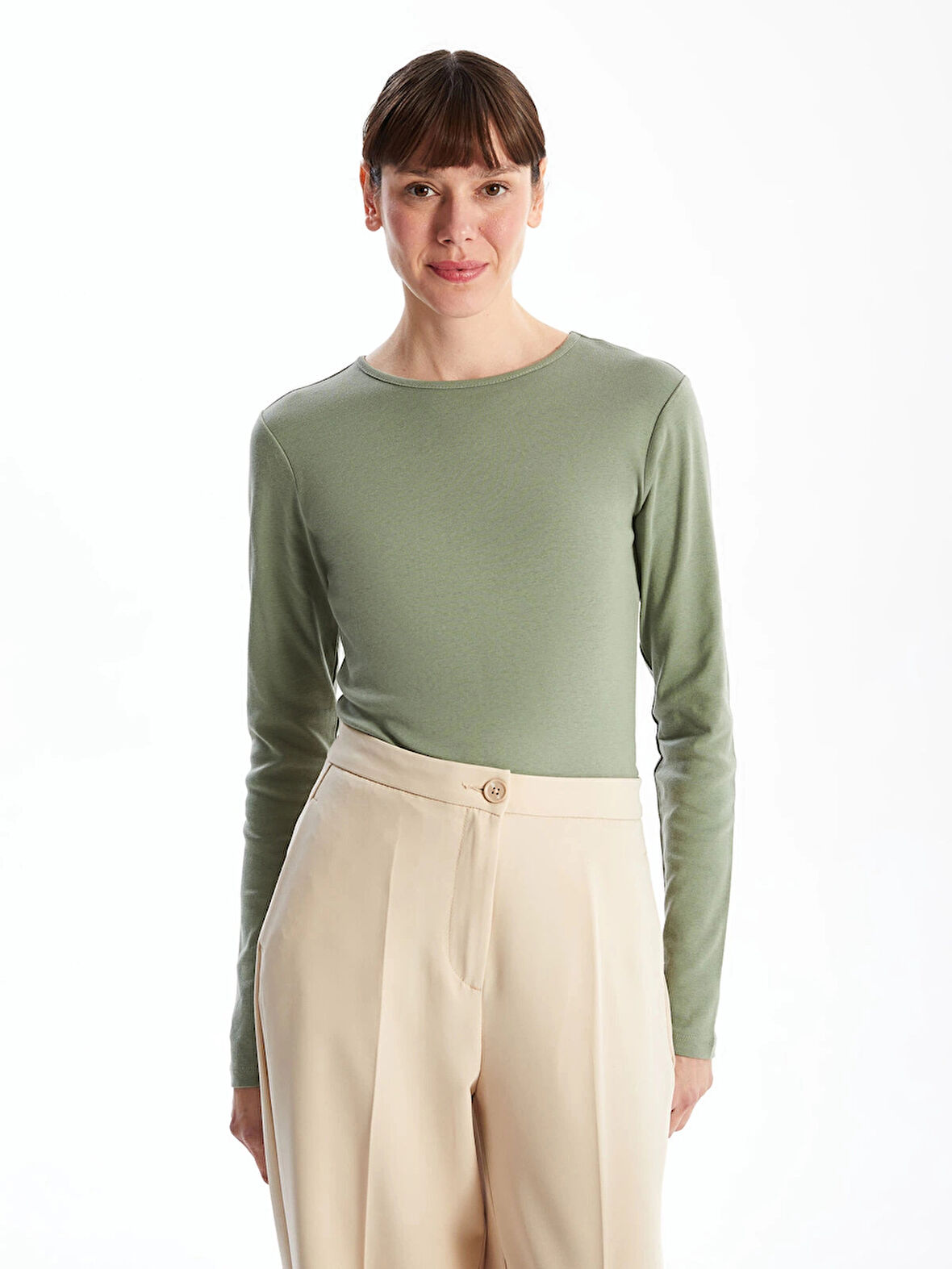 LCWAIKIKI Classic Haki Bisiklet Yaka Düz Uzun Kollu Kadın Body