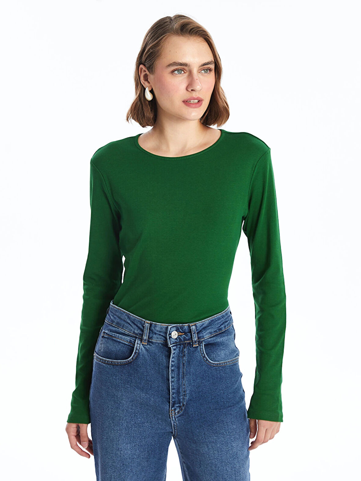 LCWAIKIKI Classic Yeşil Bisiklet Yaka Düz Uzun Kollu Kadın Body