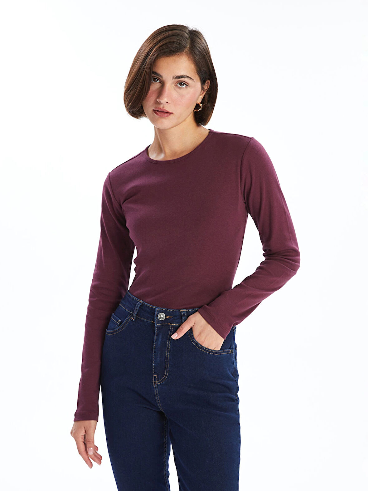 LCWAIKIKI Classic Mürdüm Bisiklet Yaka Düz Uzun Kollu Kadın Body