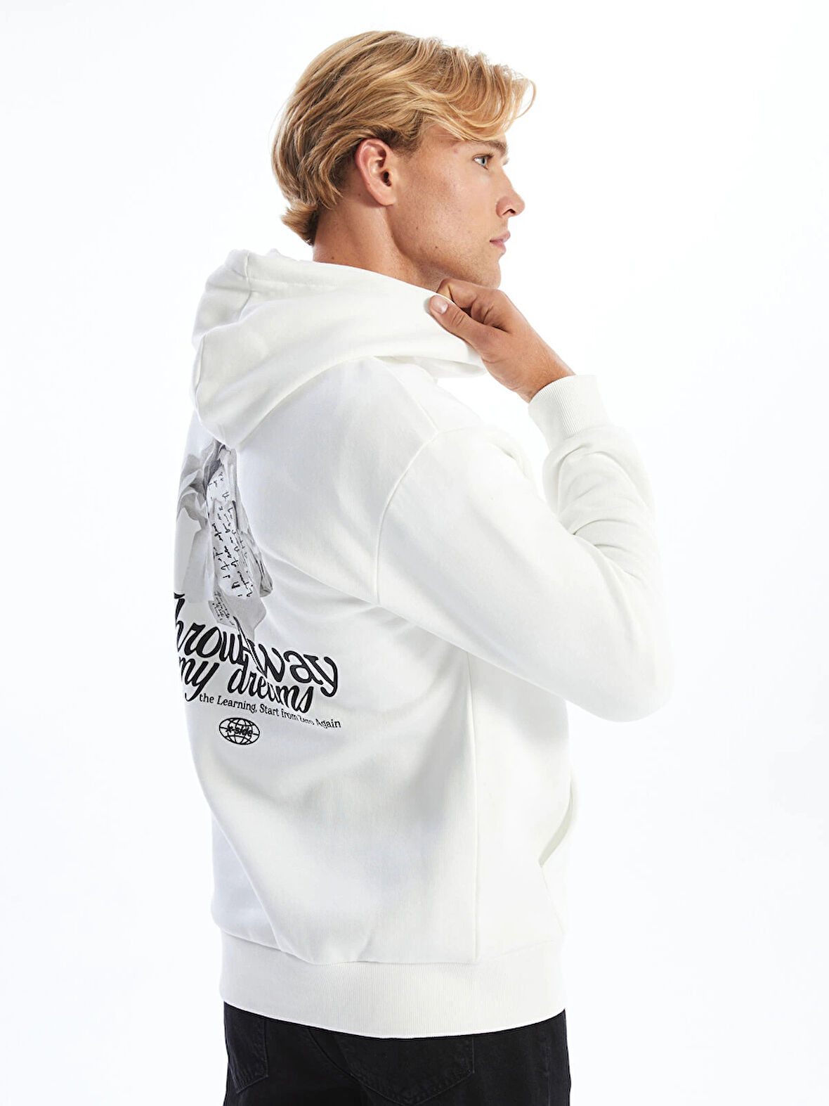 LCW Casual EKRU Uzun Kollu Baskılı Erkek Kalın Hoodie