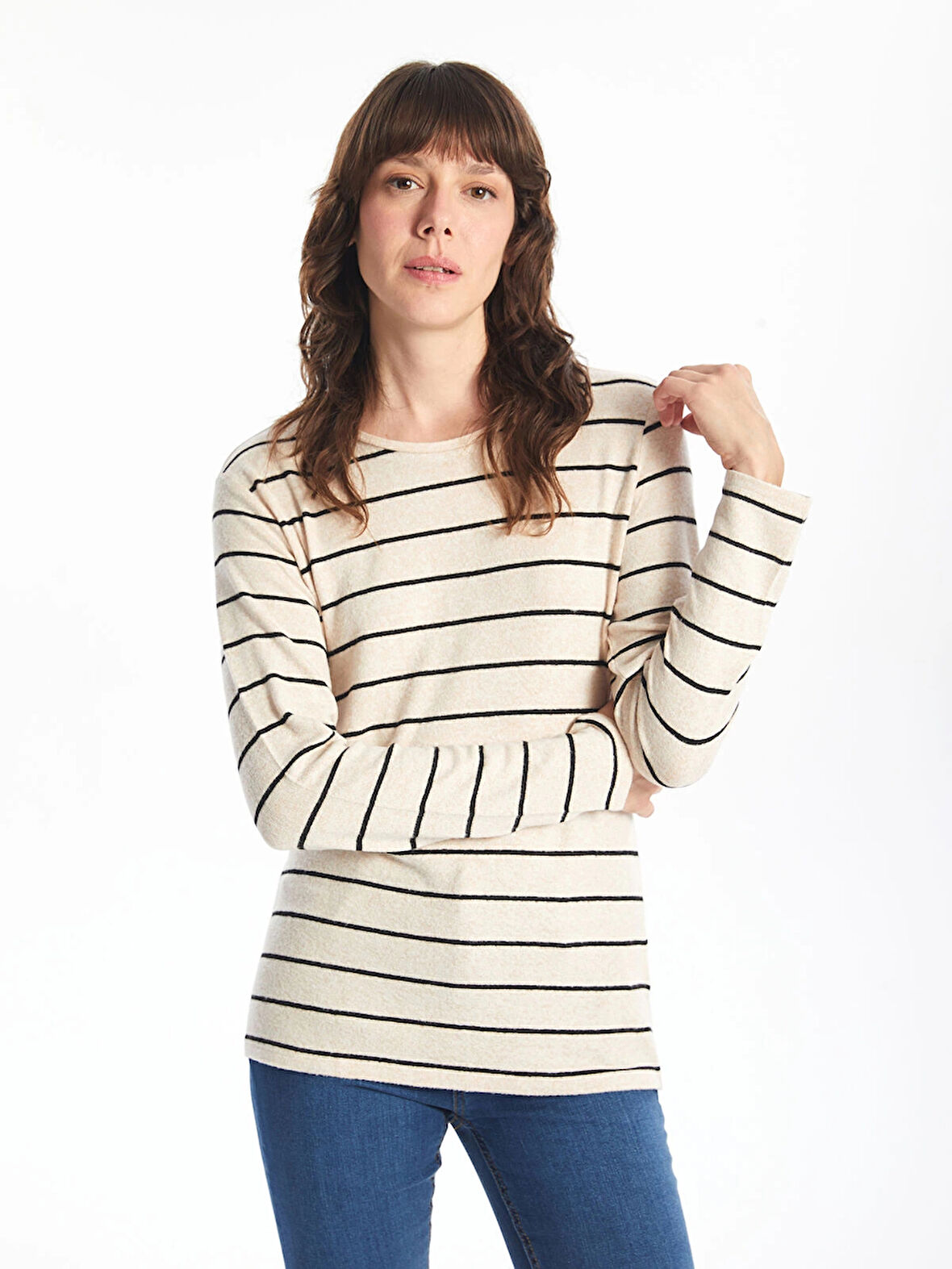 LCWAIKIKI Classic EKRU Bisiklet Yaka Çizgili Kadın Tişört