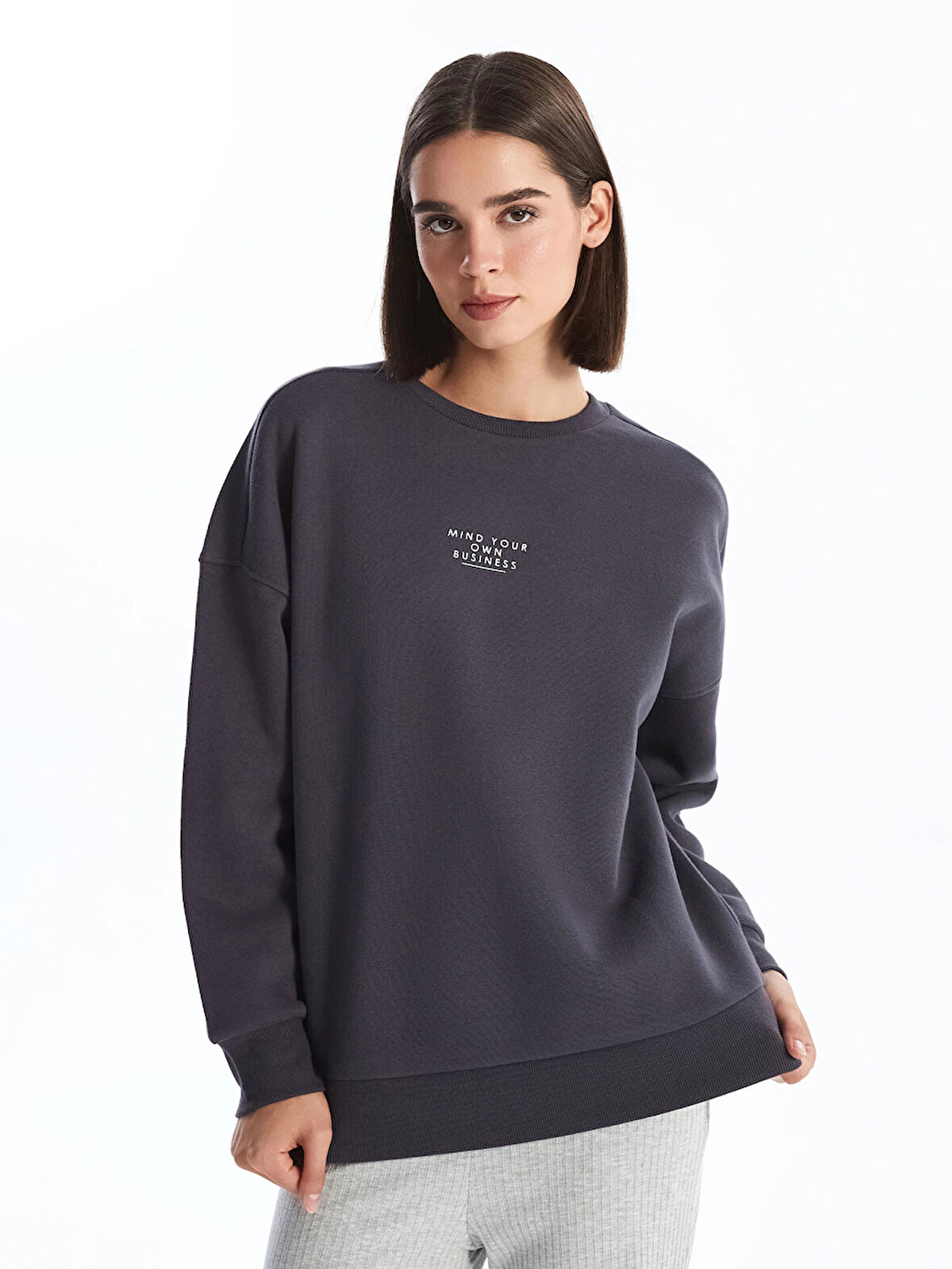 LCW Vision Antrasit Bisiklet Yaka Baskılı Oversize Kadın Kalın Sweatshirt