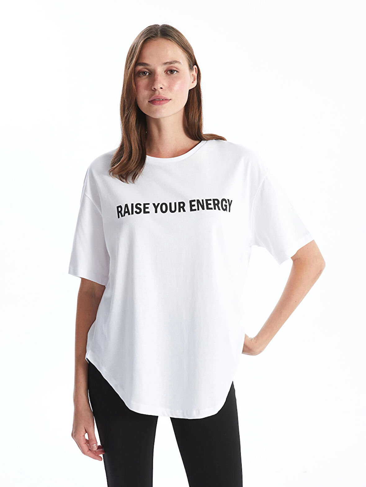 XSIDE ACTIVE Beyaz Bisiklet Yaka Baskılı Kadın Spor Tişört