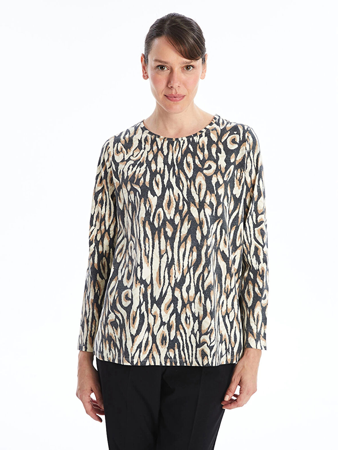 LCW Grace BEJ Bisiklet Yaka Desenli Kadın Tişört