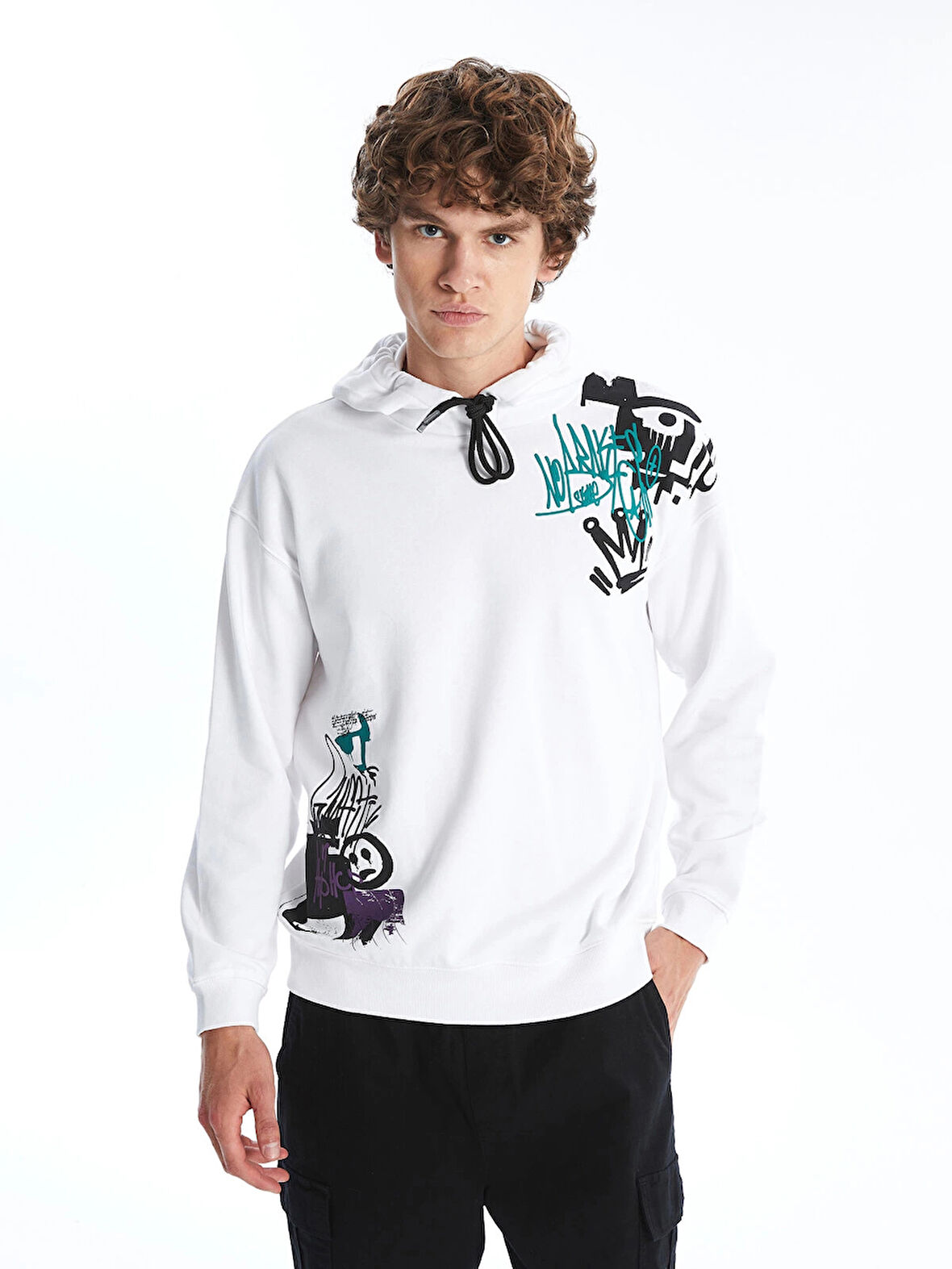 XSIDE Beyaz Uzun Kollu Baskılı Erkek Kalın Hoodie