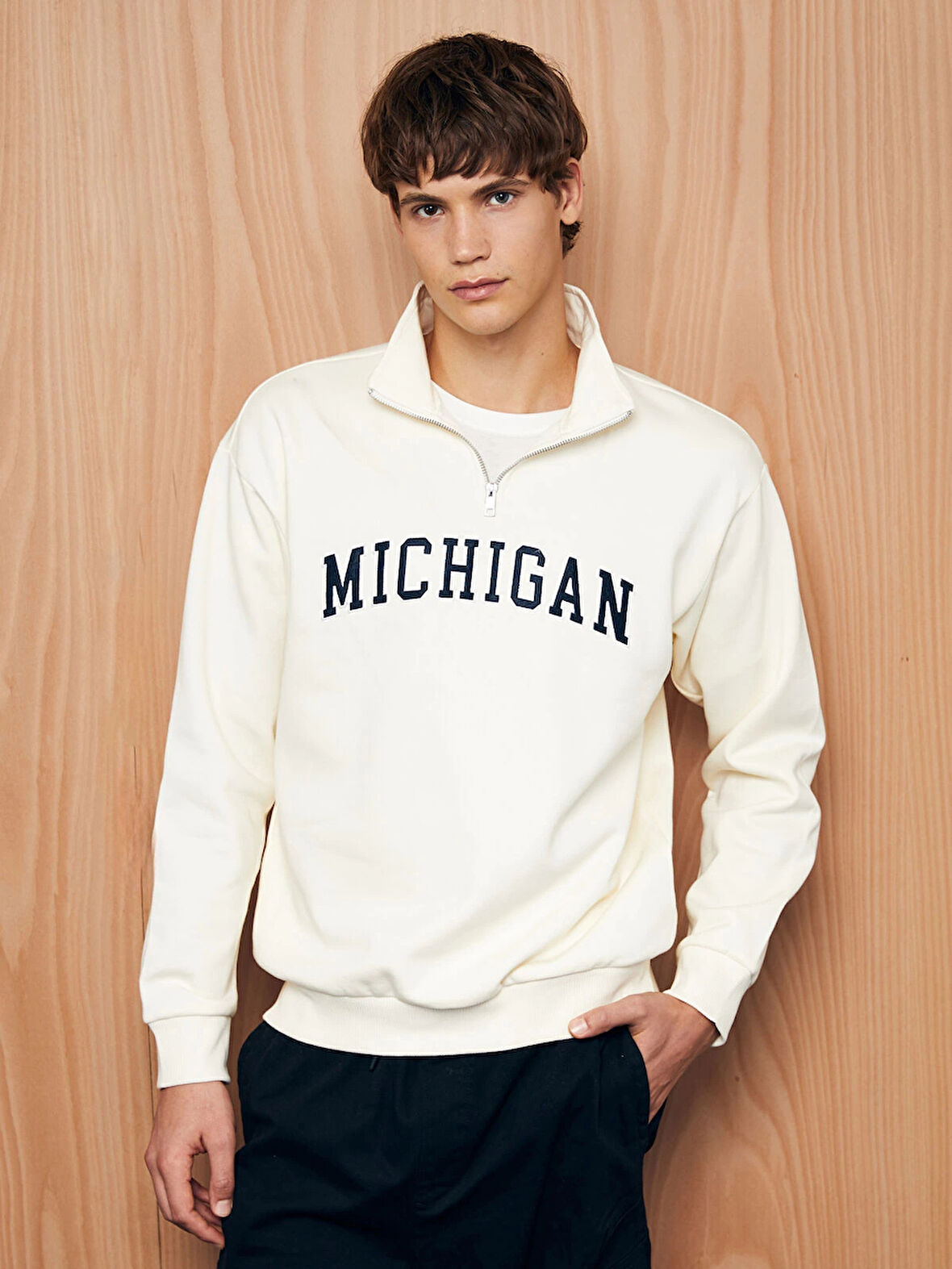 XSIDE BEJ Dik Yaka Uzun Kollu Nakışlı Erkek Kalın Sweatshirt