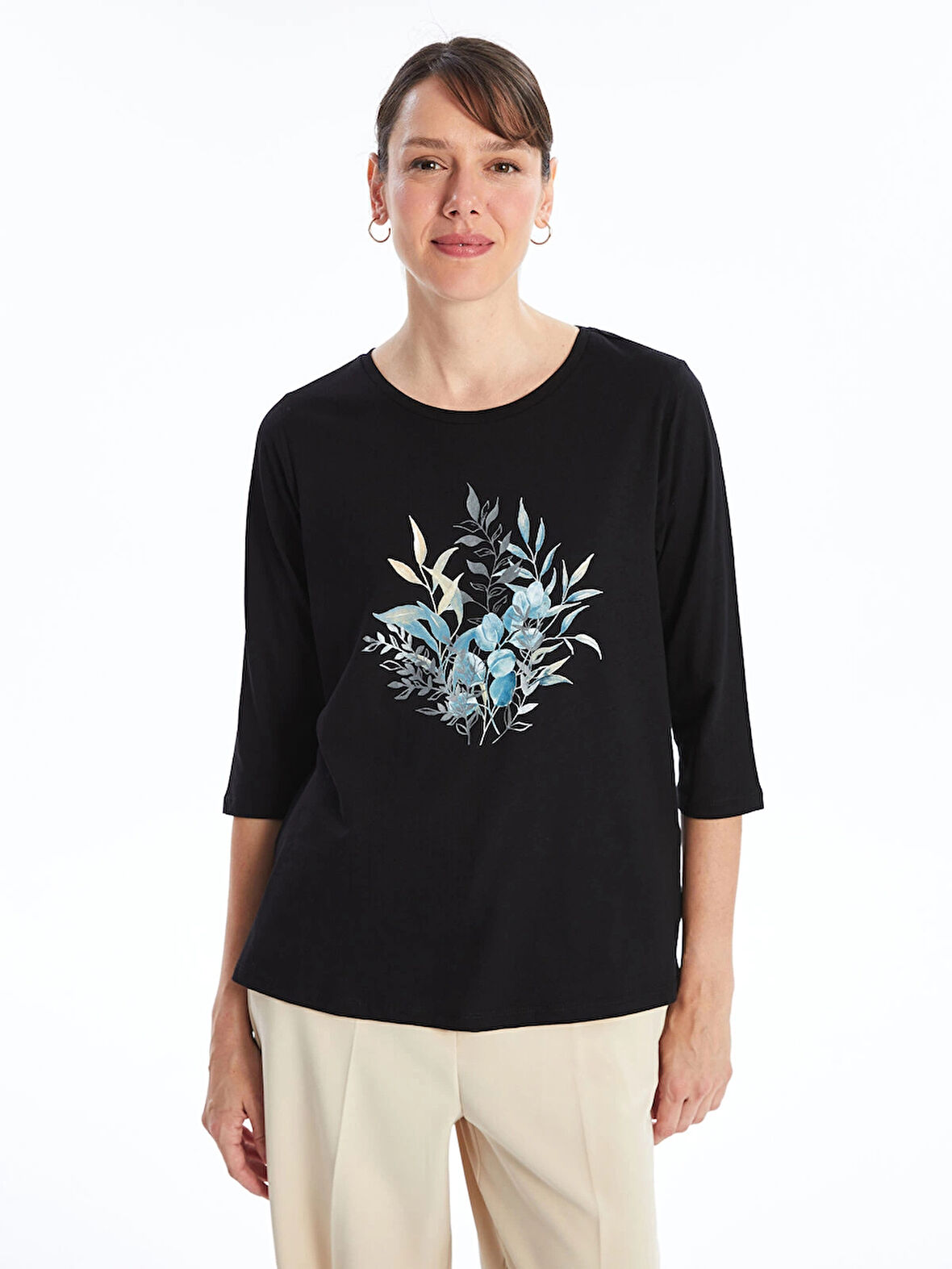 LCW Grace SİYAH Bisiklet Yaka Çiçekli Kadın Bluz