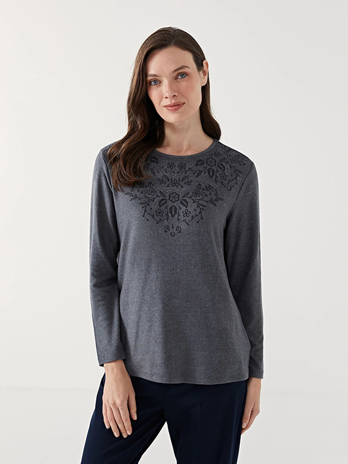 LCW Grace ANTRASİT Bisiklet Yaka Desenli Kadın Bluz