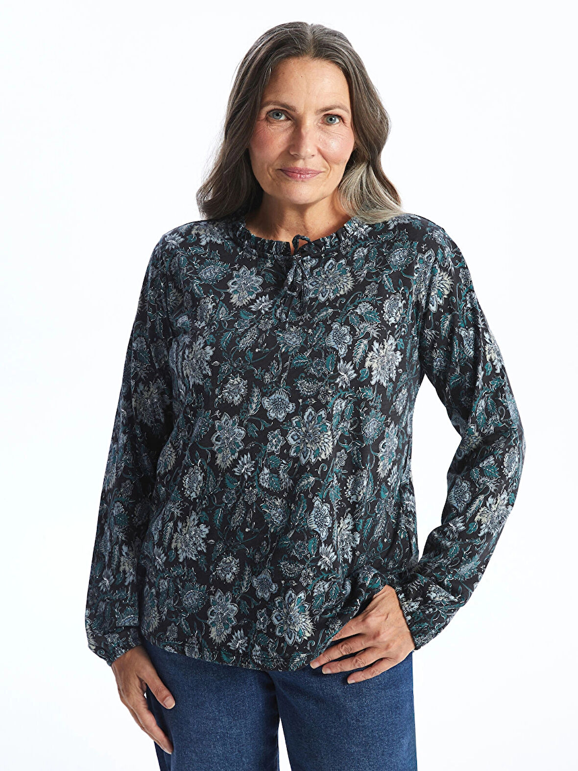 LCW Grace SİYAH Bağlamalı Yaka Desenli Kadın Bluz