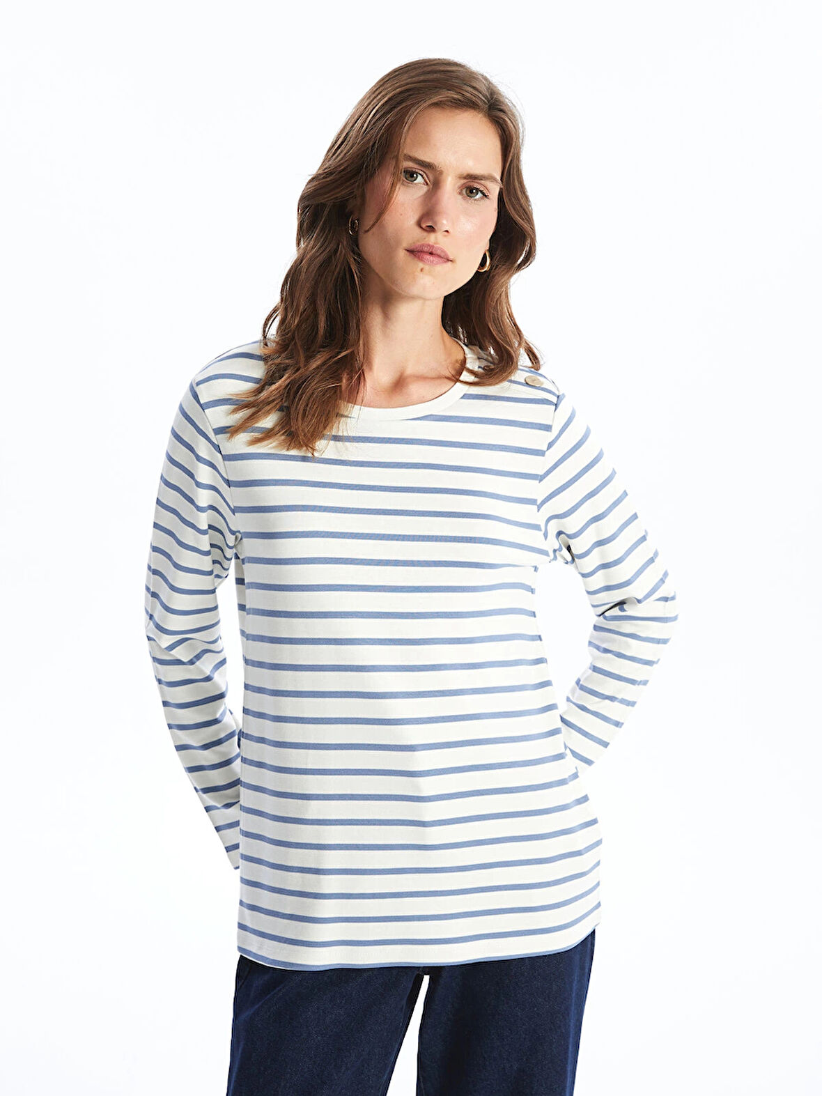 LCWAIKIKI Basic MAVİ Bisiklet Yaka Çizgili Kadın Tişört