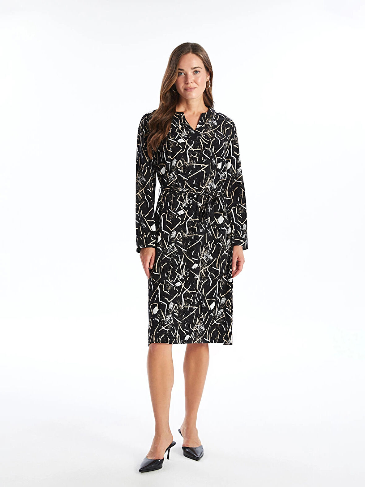 LCW Grace SİYAH Kaçık Yaka Desenli Kadın Elbise