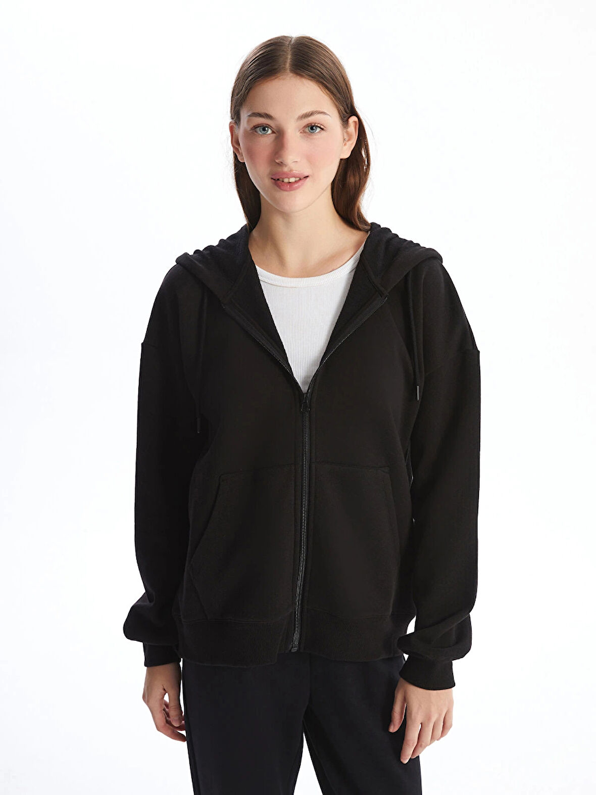 LCW Vision Siyah Kapüşonlu Oversize Kadın Kalın Fermuarlı Sweatshirt