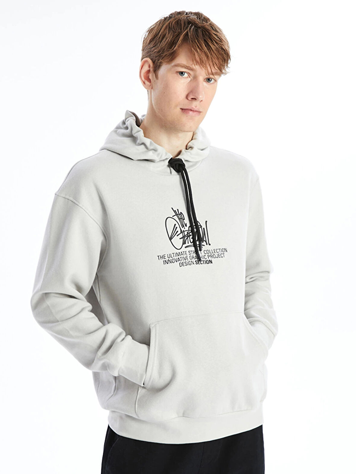LCW Casual GRİ Uzun Kollu Baskılı Erkek Kalın Hoodie