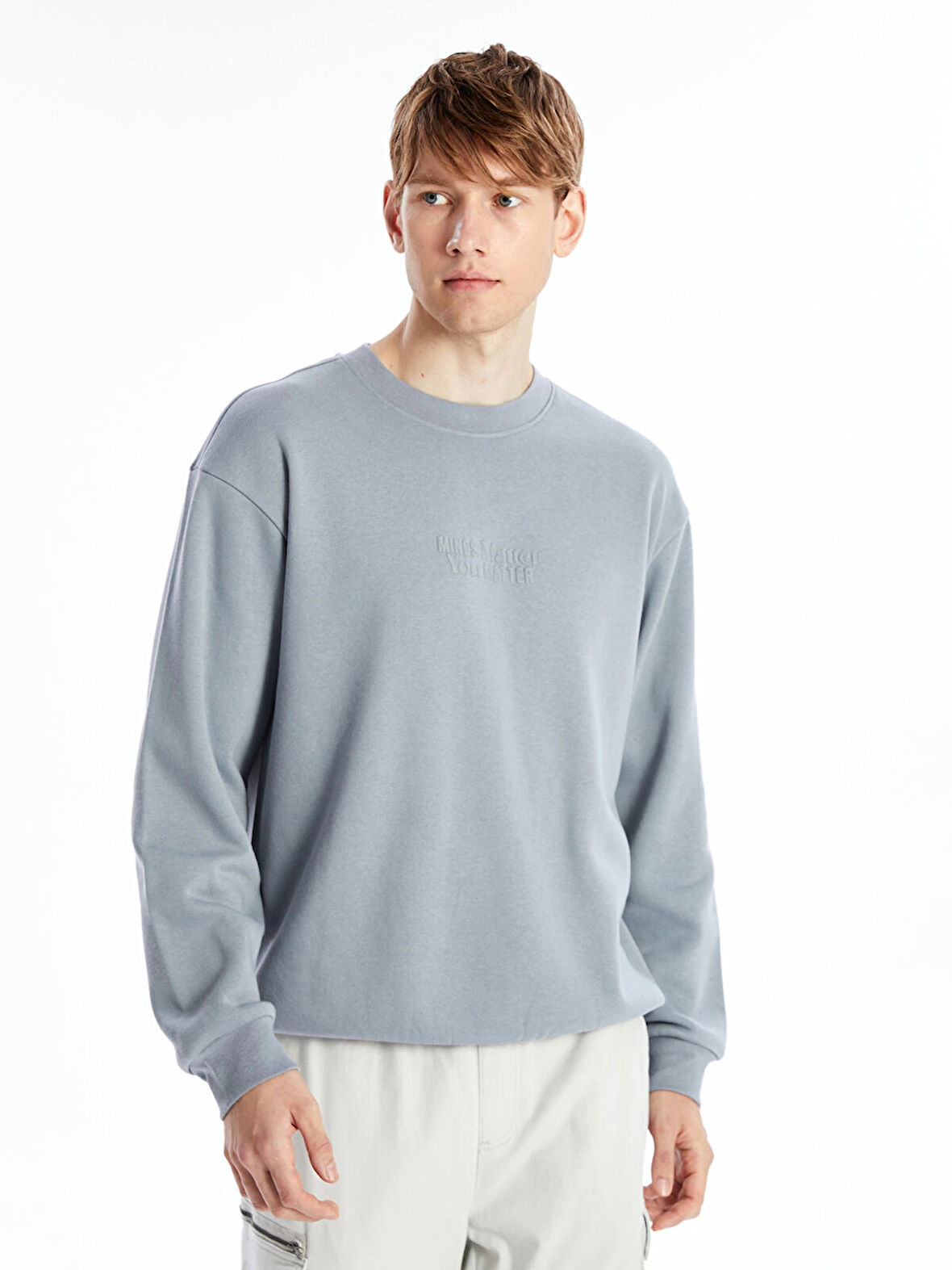 XSIDE Gri Bisiklet Yaka Baskılı Erkek Kalın Sweatshirt