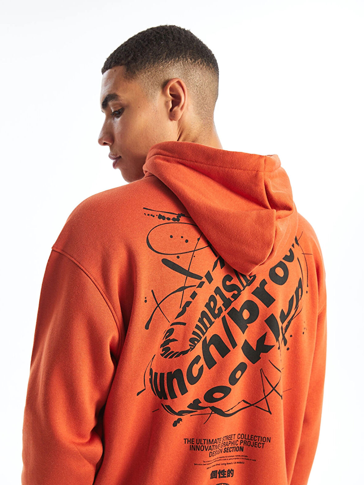 XSIDE TURUNCU Uzun Kollu Baskılı Erkek Kalın Hoodie