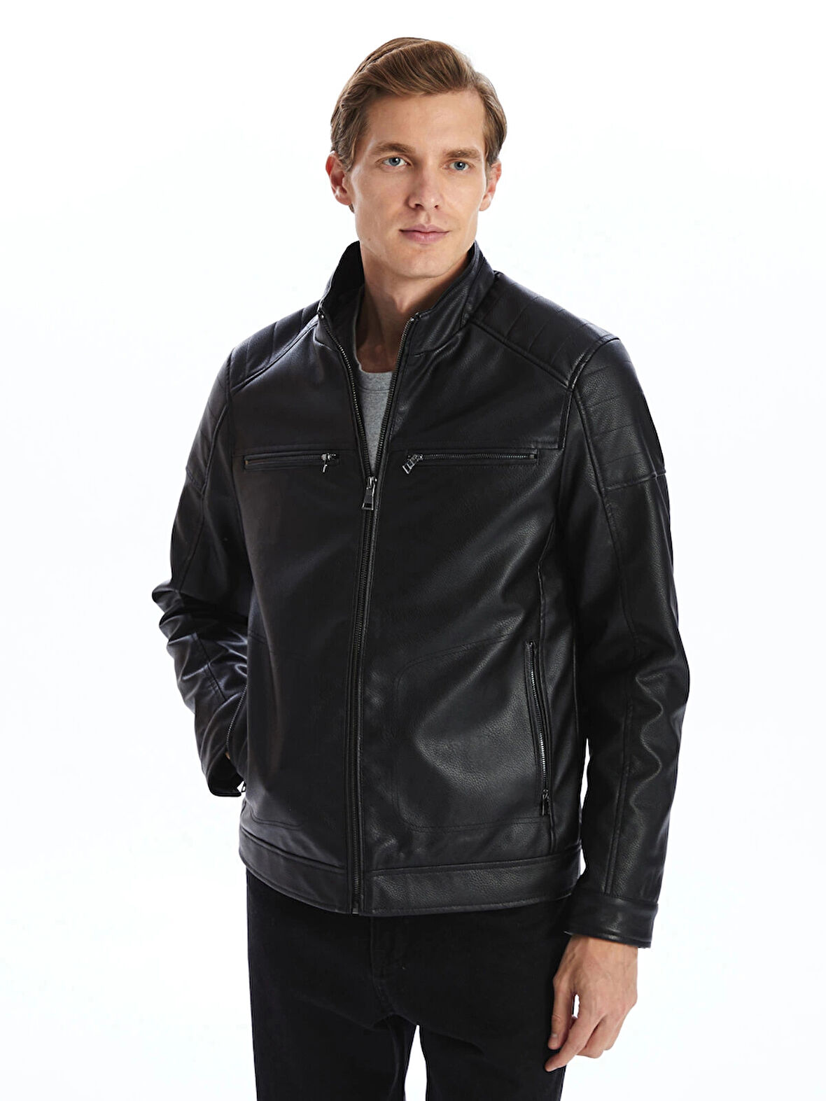 LCWAIKIKI Classic Siyah Standart Kalıp Dik Yaka Erkek Deri Görünümlü Mont