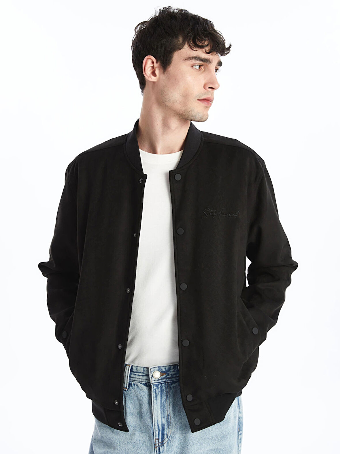 XSIDE SİYAH Standart Kalıp Kolej Yaka Erkek Bomber Mont