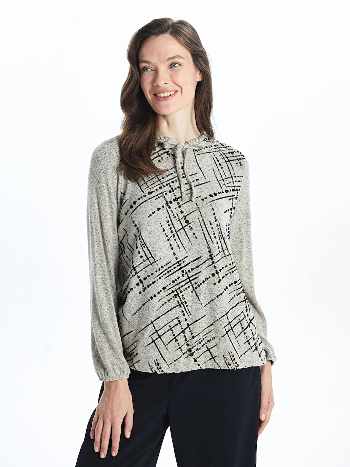 LCW Grace Bej Bağlamalı Yaka Desenli Kadın Bluz