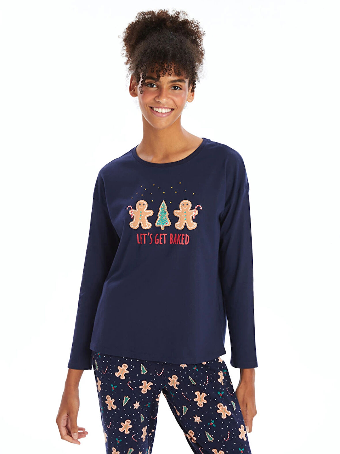 LCW DREAM Lacivert Bisiklet Yaka Baskılı Kadın Pijama Takımı